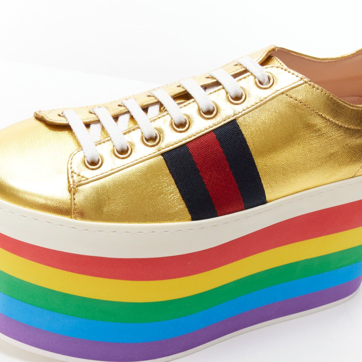 Gucci GUCCI Alessandro Michele Peggy rainbow gold web platform sneakers EU37.5 Size US 7.5 / IT 37.5 - 7 Thumbnail