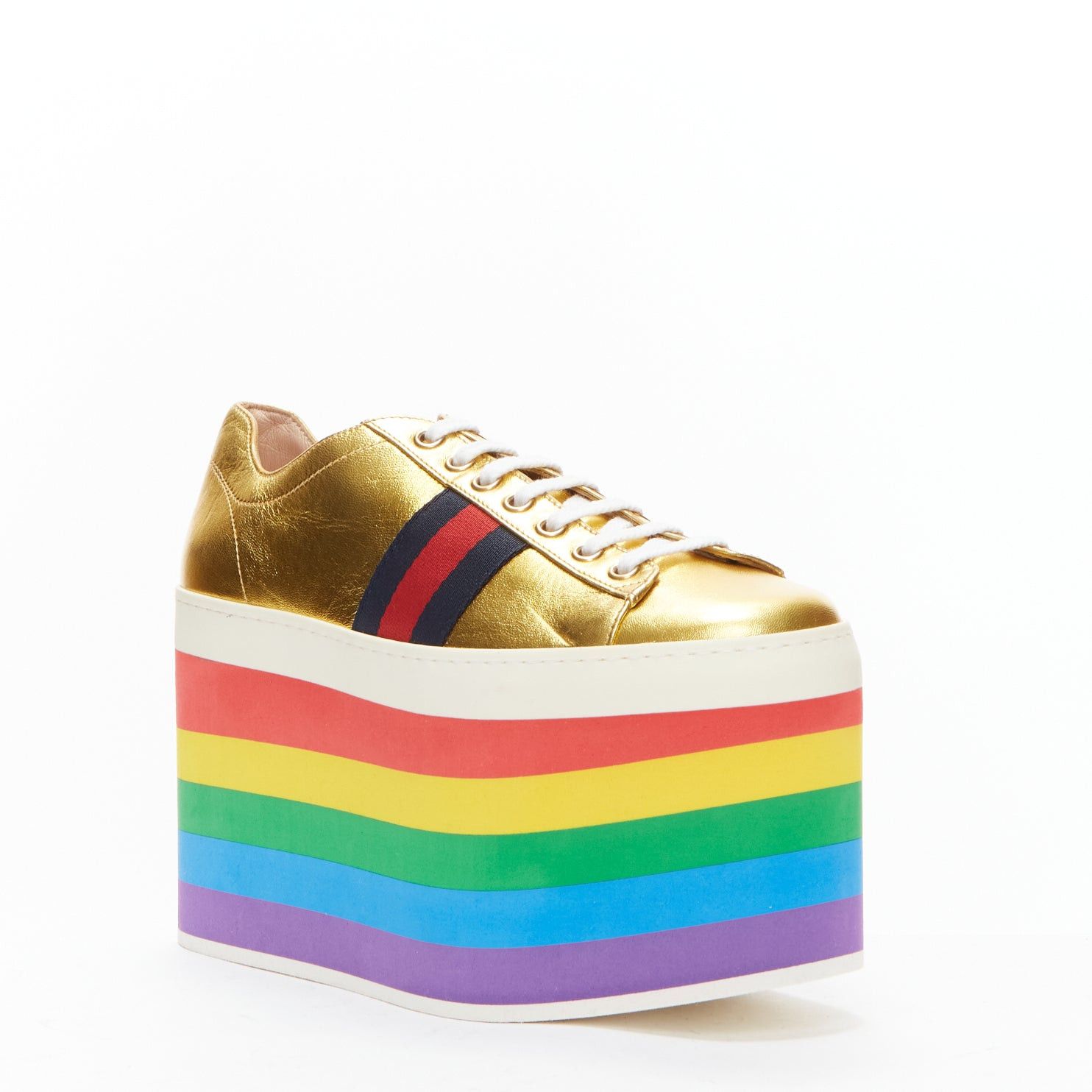 Gucci GUCCI Alessandro Michele Peggy rainbow gold web platform sneakers EU37.5 Size US 7.5 / IT 37.5 - 2 Thumbnail