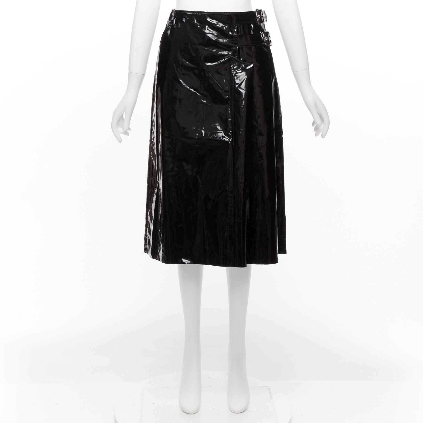 Gucci GUCCI black 100% coated cotton vinyl silver buckle punk kilt pleated skirt IT38 XS Size 26" / US 2 / IT 38 - 9 Thumbnail