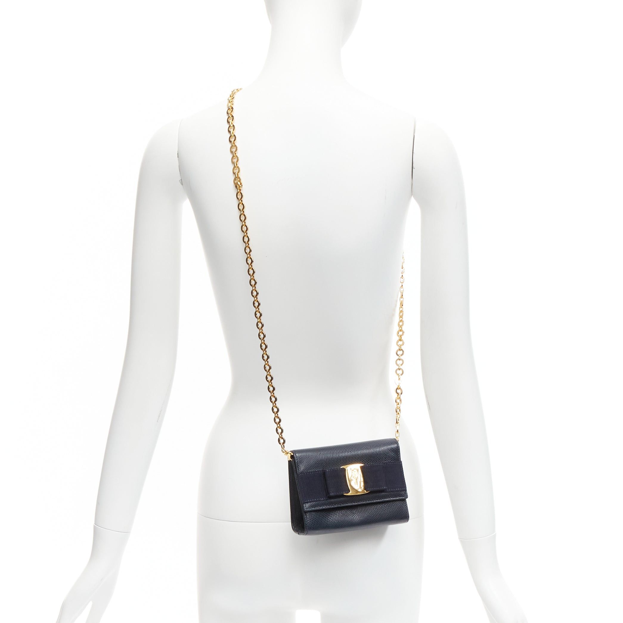 Salvatore Ferragamo SALVATORE FERRAGAMO Vara Bow black scaled leather gold chain shoulder waist bag Size ONE SIZE - 2 Thumbnail