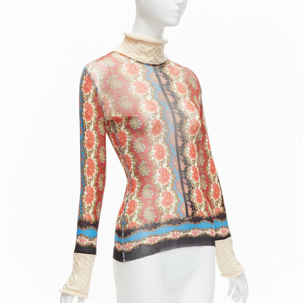 Jean Paul Gaultier JEAN PAUL GAULTIER Maille Vintage red paisley print sheer mesh cable knit turtleneck S Size S / US 4 / IT 40 - 3 Thumbnail