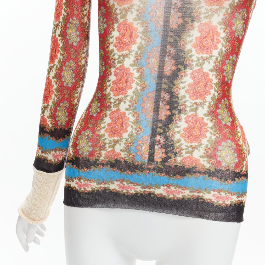 Jean Paul Gaultier JEAN PAUL GAULTIER Maille Vintage red paisley print sheer mesh cable knit turtleneck S Size S / US 4 / IT 40 - 7 Thumbnail