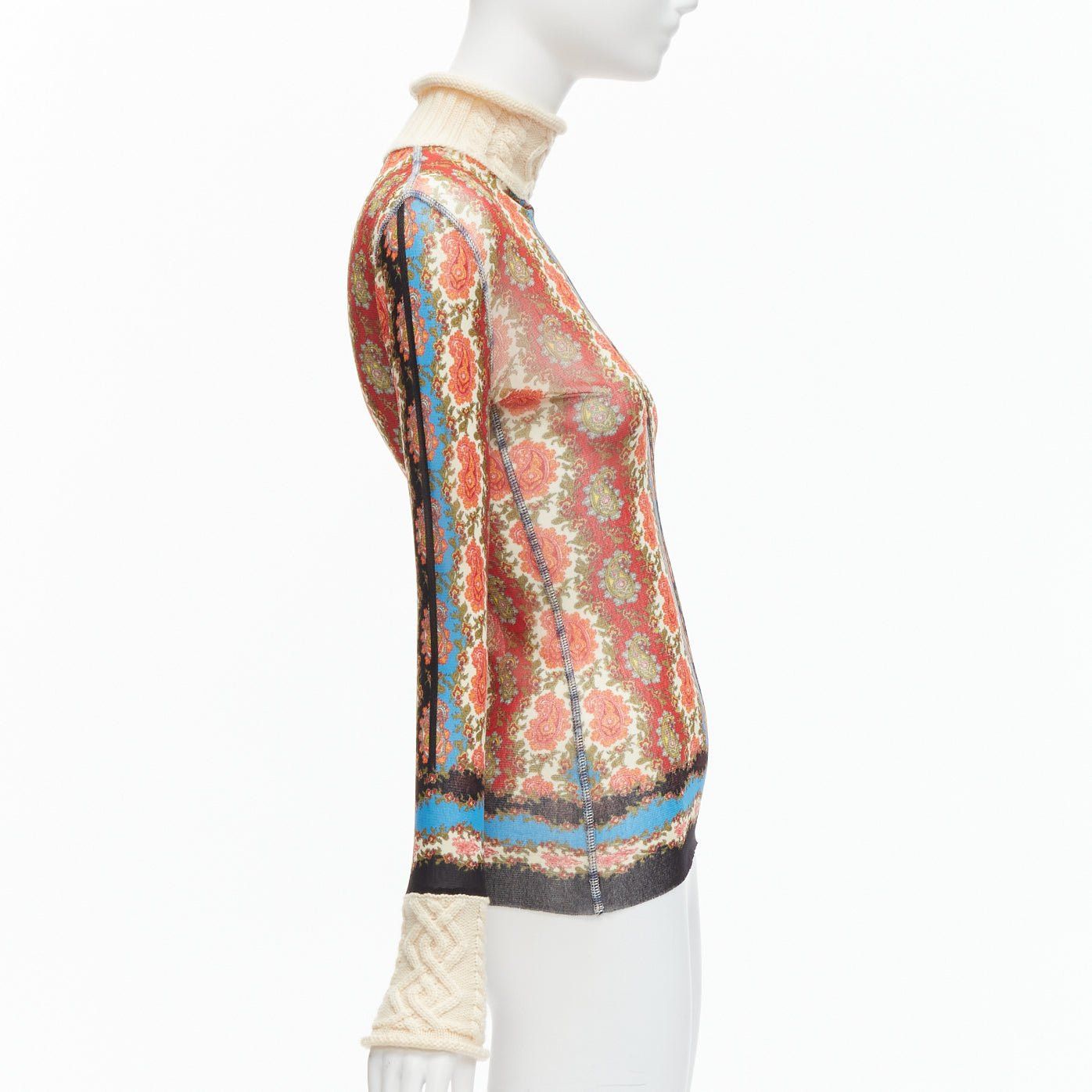 Jean Paul Gaultier JEAN PAUL GAULTIER Maille Vintage red paisley print sheer mesh cable knit turtleneck S Size S / US 4 / IT 40 - 4 Thumbnail