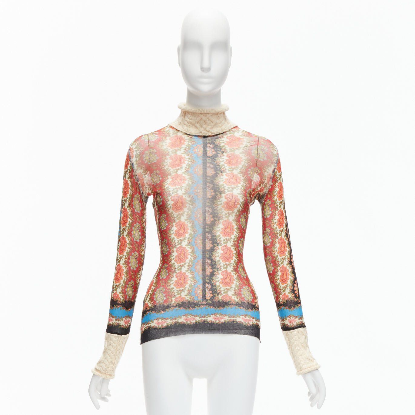 Jean Paul Gaultier JEAN PAUL GAULTIER Maille Vintage red paisley print sheer mesh cable knit turtleneck S Size S / US 4 / IT 40 - 9 Thumbnail