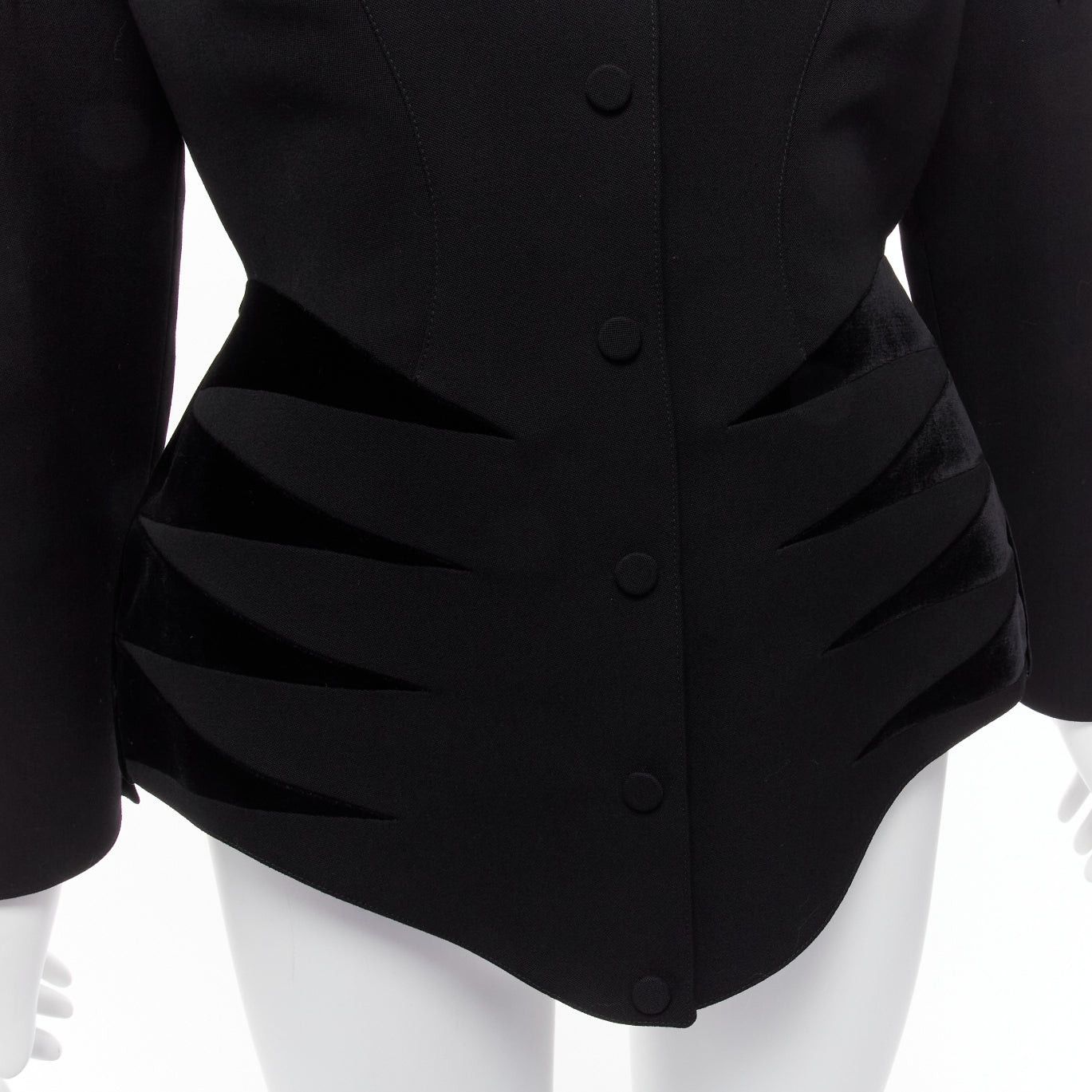 Thierry Mugler rare THIERRY MUGLER Vintage black combed wool geometric velvet trim peplum jacket IT40 S Size S / US 4 / IT 40 - 8 Thumbnail