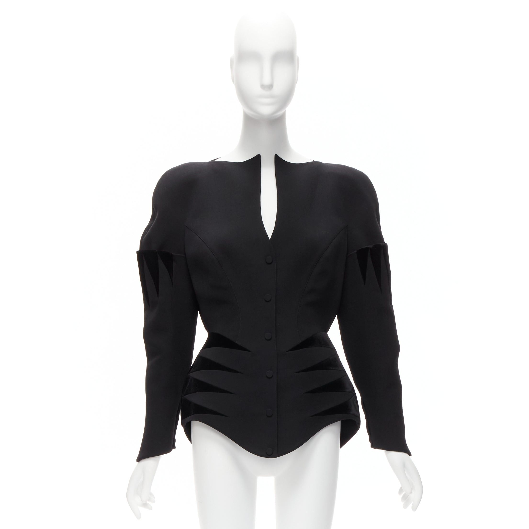 Thierry Mugler rare THIERRY MUGLER Vintage black combed wool geometric velvet trim peplum jacket IT40 S Size S / US 4 / IT 40 - 10 Thumbnail