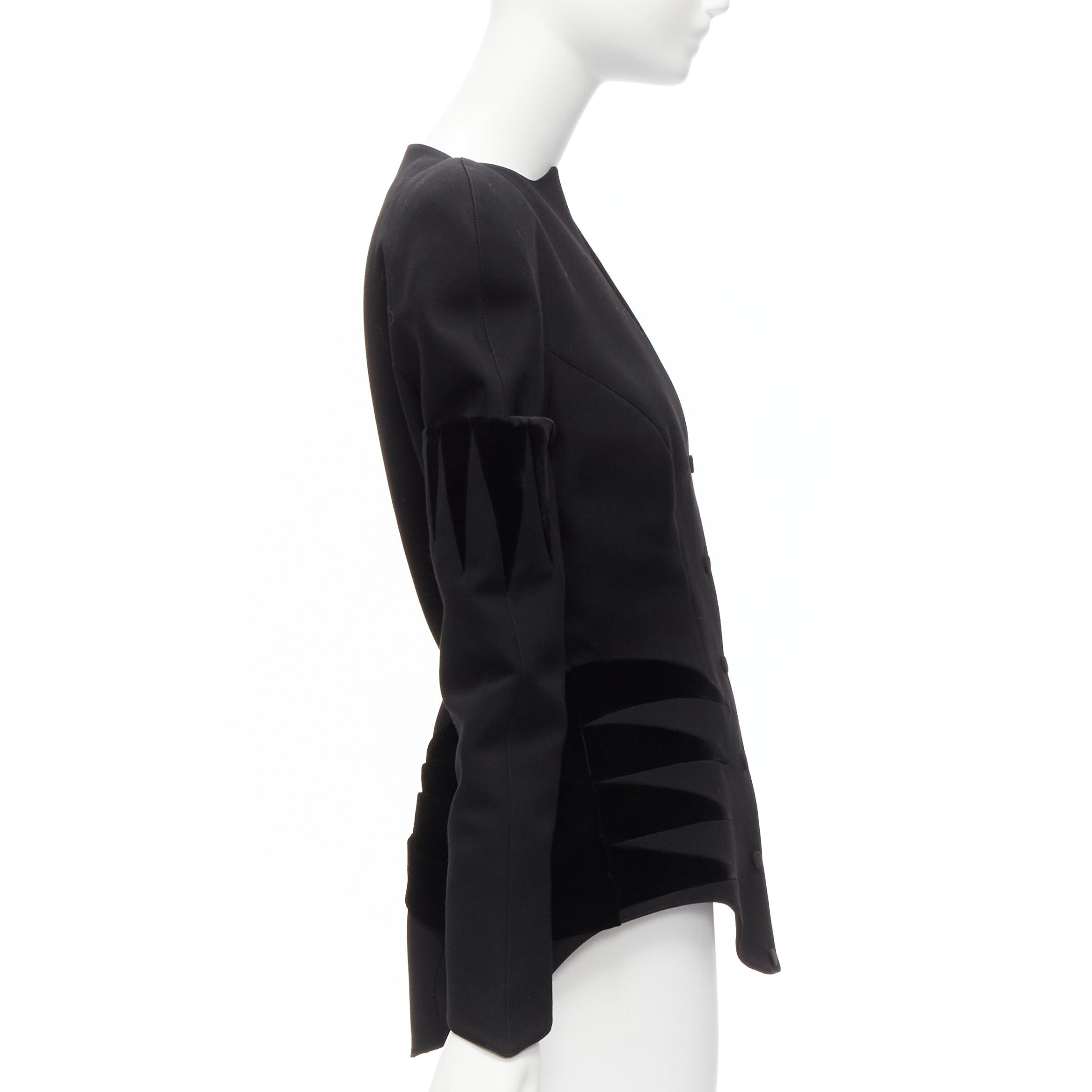 Thierry Mugler rare THIERRY MUGLER Vintage black combed wool geometric velvet trim peplum jacket IT40 S Size S / US 4 / IT 40 - 4 Thumbnail