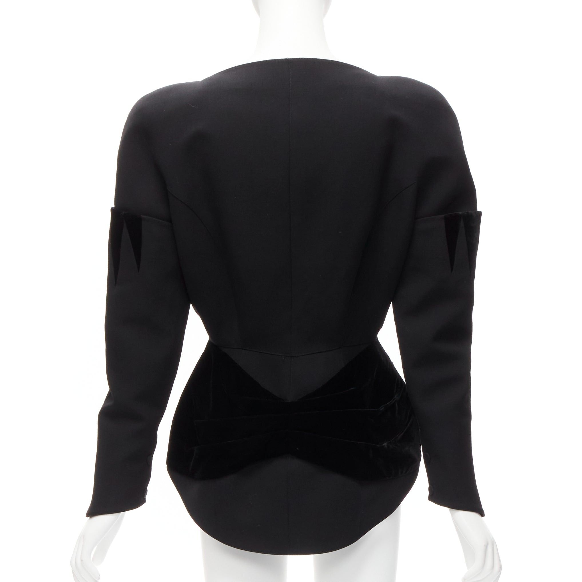 Thierry Mugler rare THIERRY MUGLER Vintage black combed wool geometric velvet trim peplum jacket IT40 S Size S / US 4 / IT 40 - 5 Thumbnail