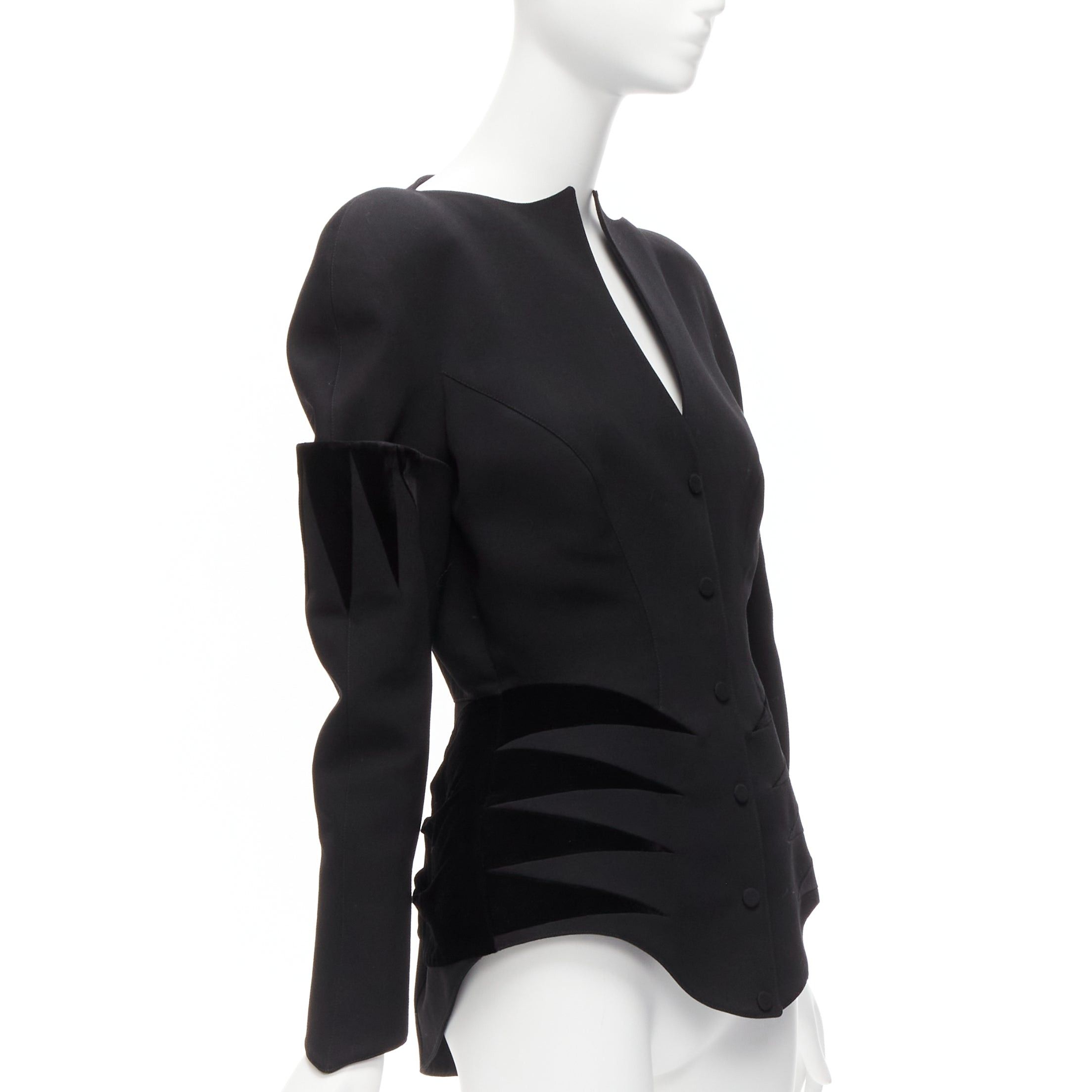 Thierry Mugler rare THIERRY MUGLER Vintage black combed wool geometric velvet trim peplum jacket IT40 S Size S / US 4 / IT 40 - 3 Thumbnail