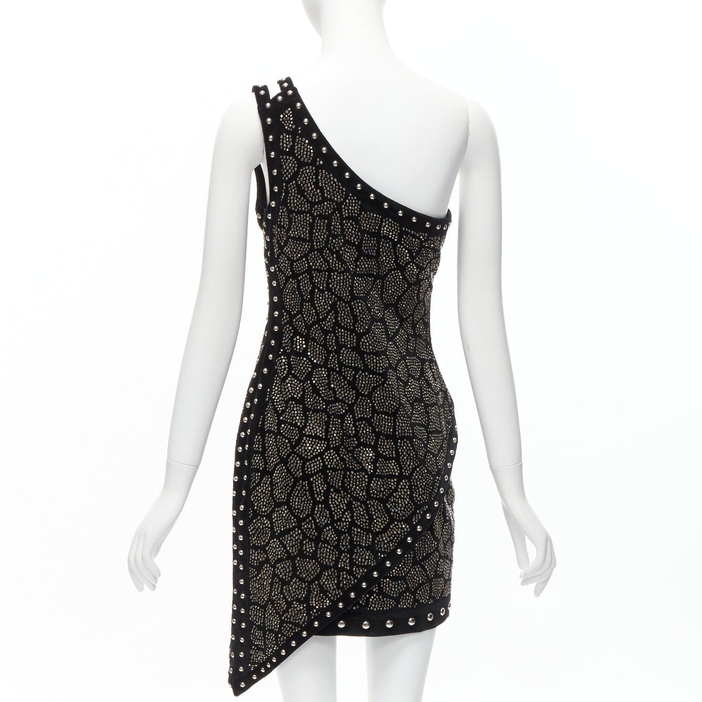 Balmain BALMAIN Olivier Rousteing 2017 silver studded bead embellished black velvet one shoulder dress L Size M / US 6-8 / IT 42-44 - 5 Thumbnail