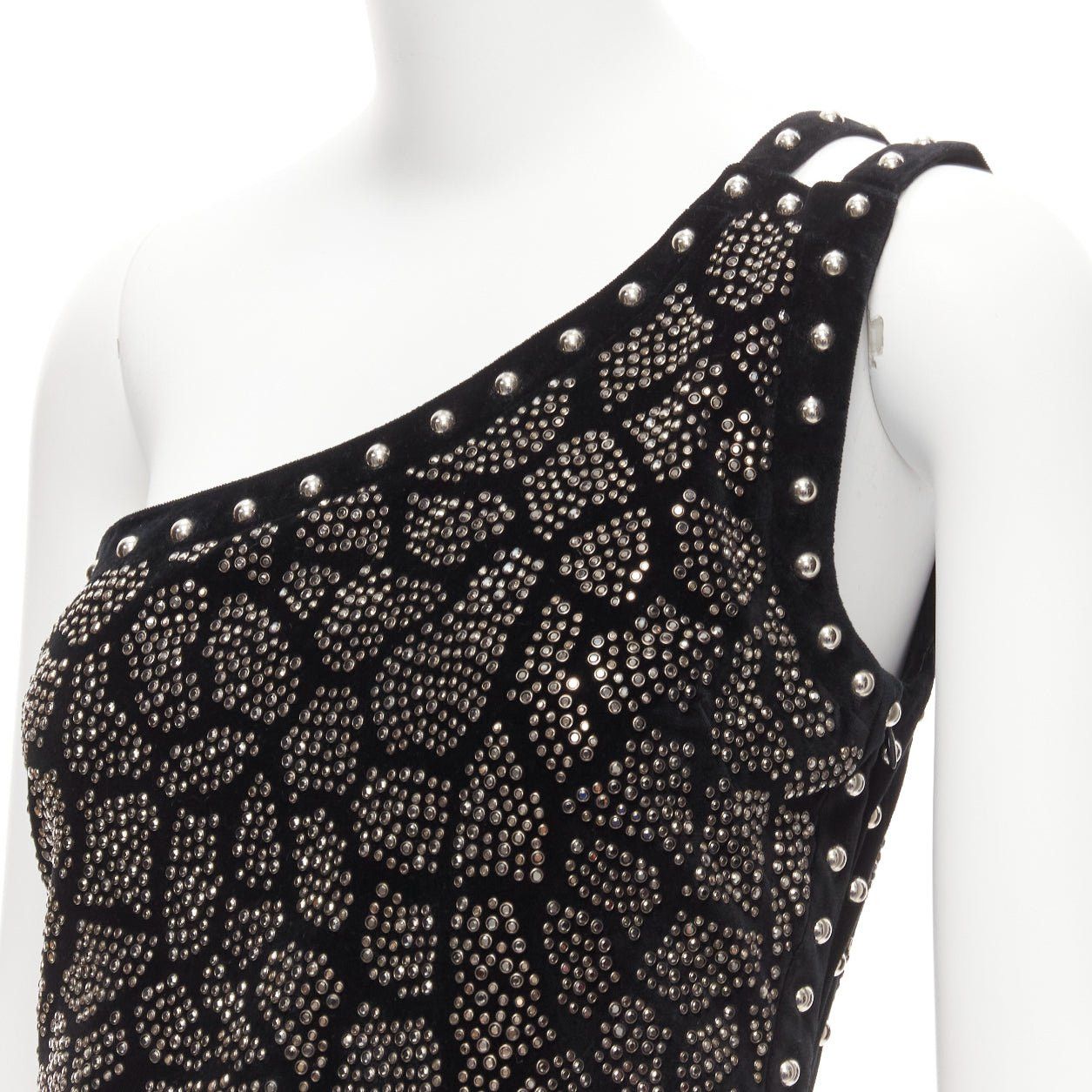 Balmain BALMAIN Olivier Rousteing 2017 silver studded bead embellished black velvet one shoulder dress L Size M / US 6-8 / IT 42-44 - 2 Thumbnail