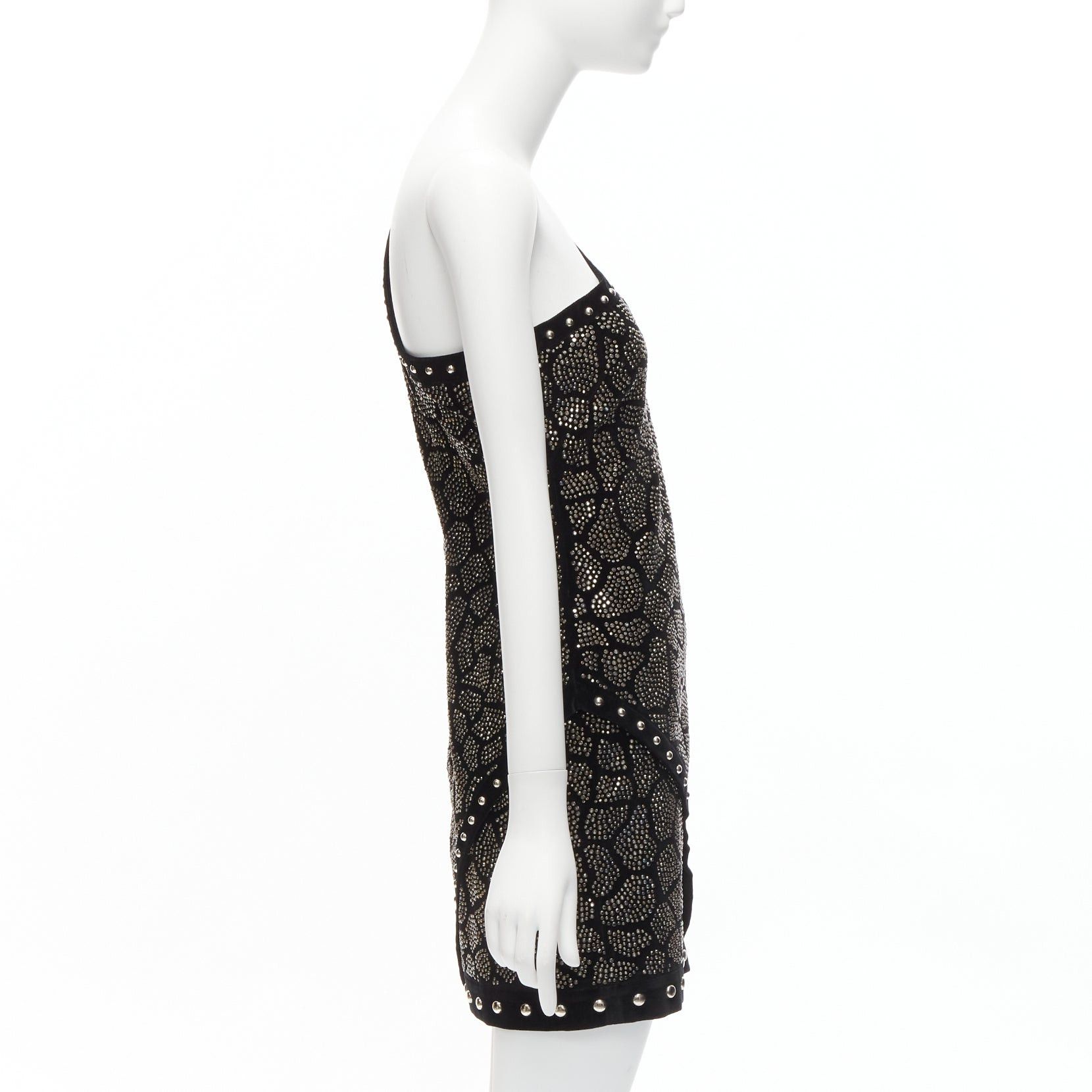 Balmain BALMAIN Olivier Rousteing 2017 silver studded bead embellished black velvet one shoulder dress L Size M / US 6-8 / IT 42-44 - 4 Thumbnail