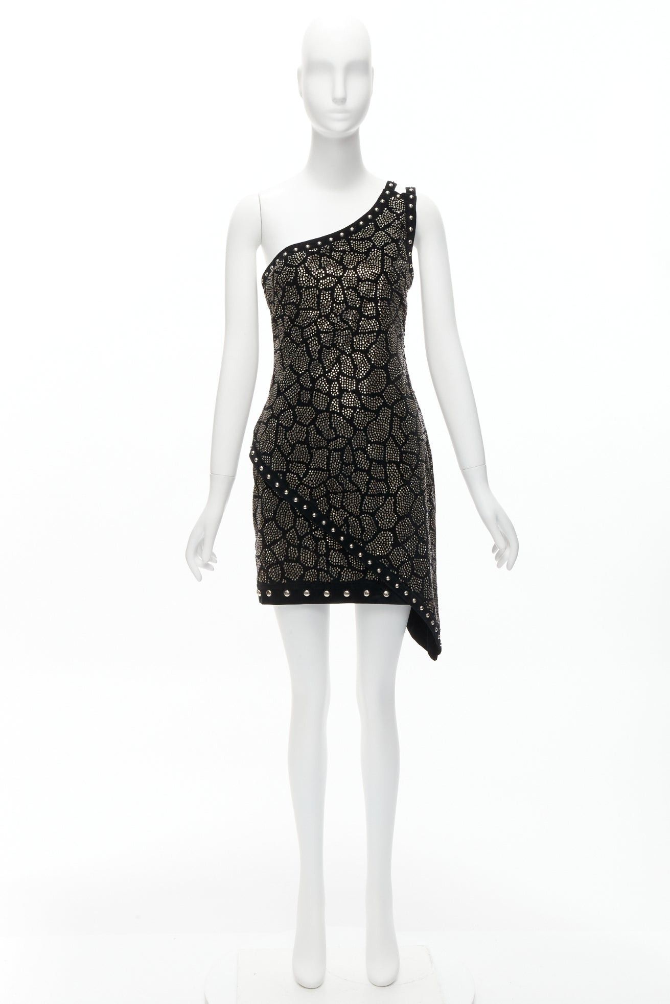 Balmain BALMAIN Olivier Rousteing 2017 silver studded bead embellished black velvet one shoulder dress L Size M / US 6-8 / IT 42-44 - 10 Thumbnail