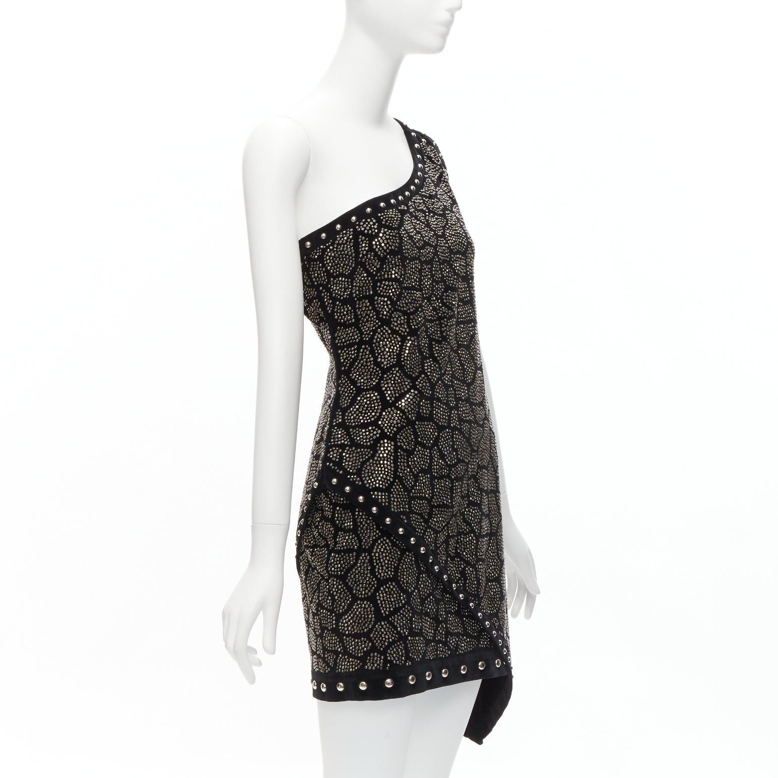 Balmain BALMAIN Olivier Rousteing 2017 silver studded bead embellished black velvet one shoulder dress L Size M / US 6-8 / IT 42-44 - 3 Thumbnail
