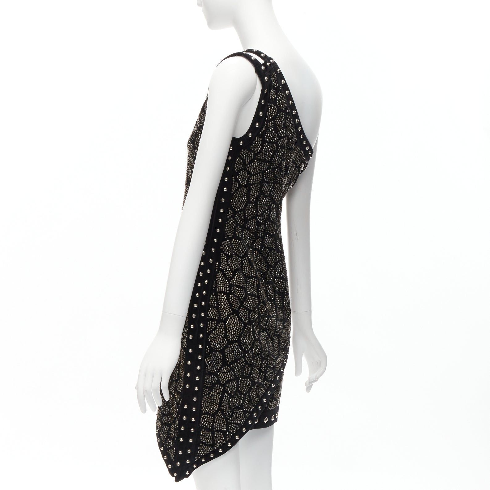 Balmain BALMAIN Olivier Rousteing 2017 silver studded bead embellished black velvet one shoulder dress L Size M / US 6-8 / IT 42-44 - 6 Thumbnail
