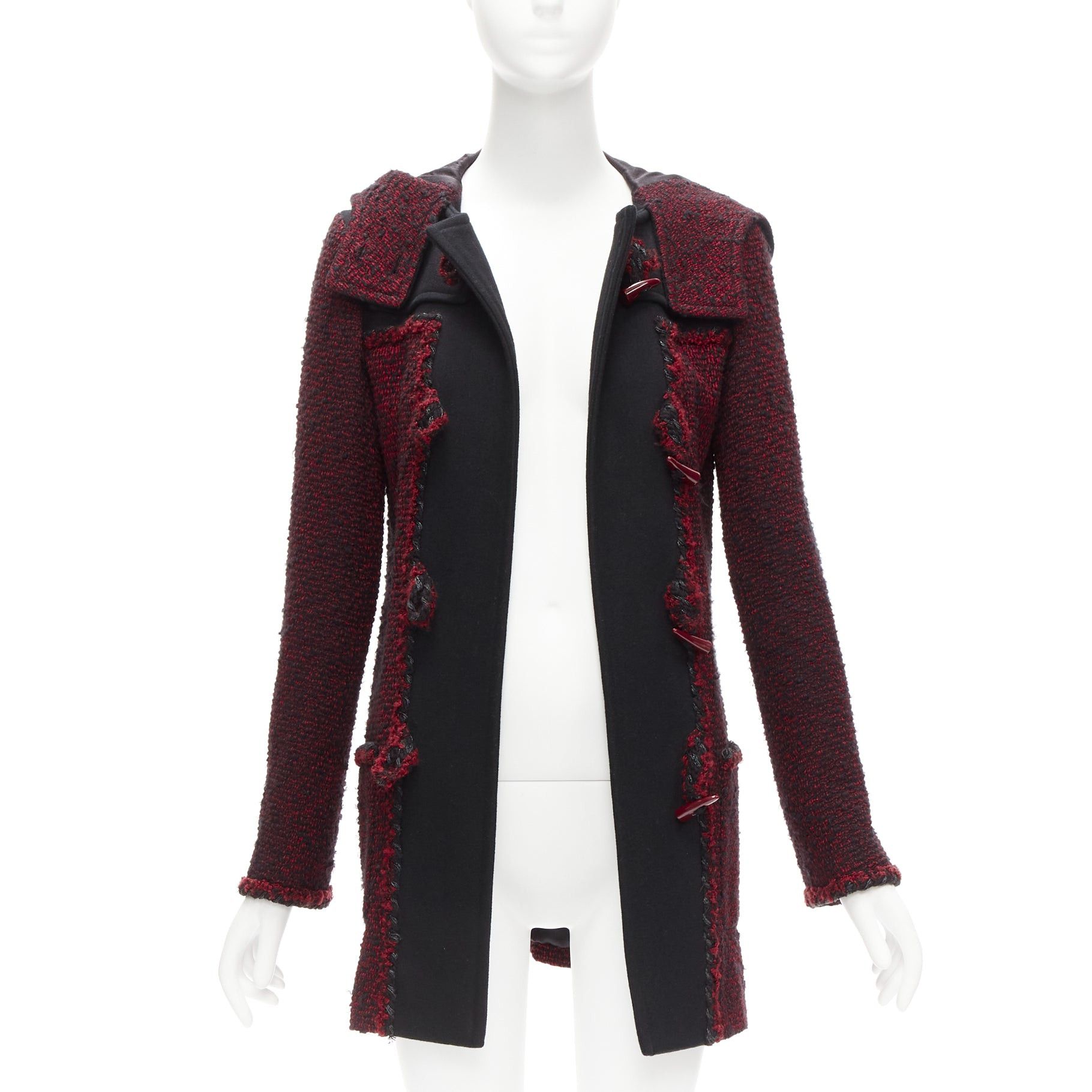 Chanel CHANEL 11A Runway red black wool tweed CC logo toggle button duffel coat FR36 S Size S / US 4 / IT 40 - 3 Thumbnail