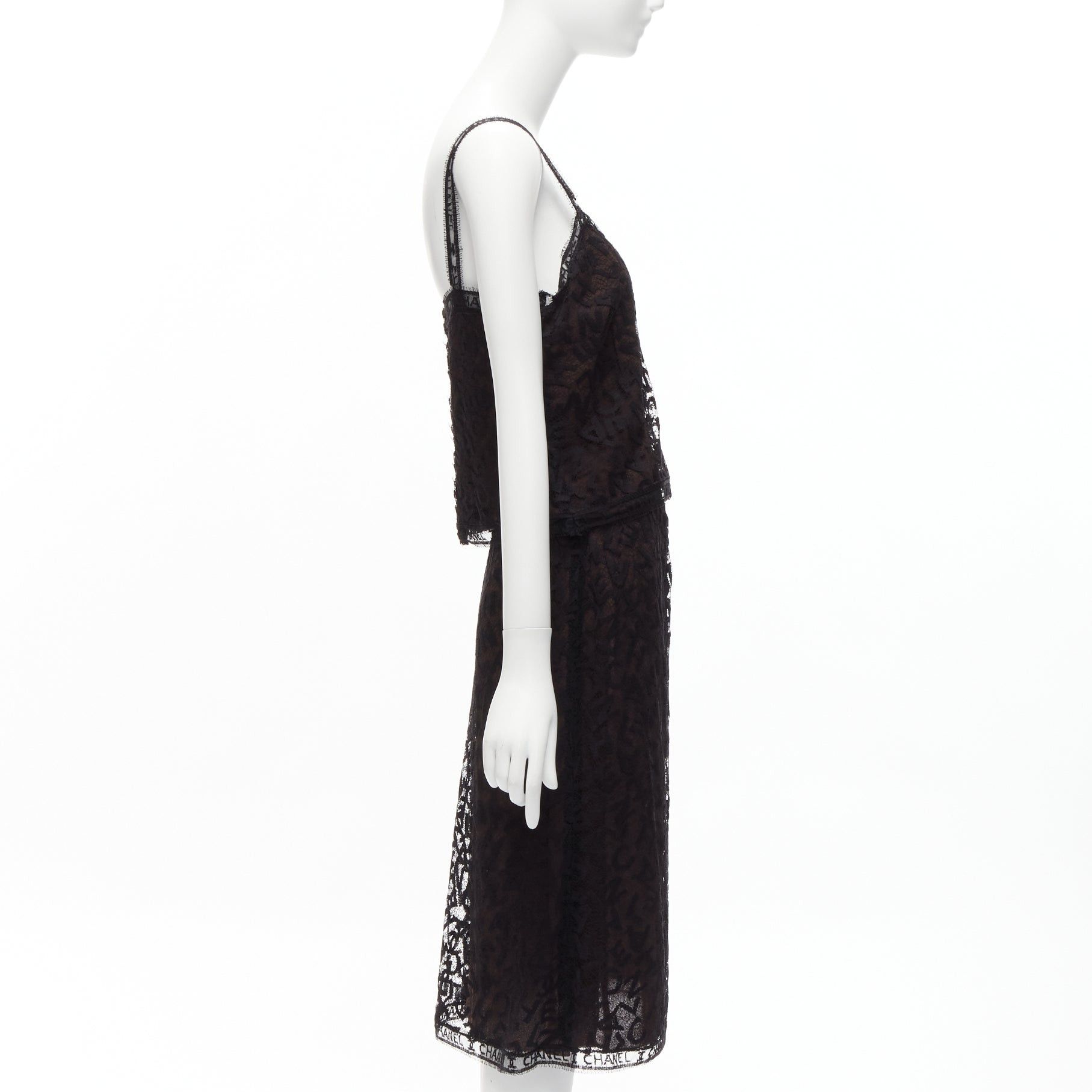 Chanel rare CHANEL 98A Karl Lagerfeld Runway Vintage black CC logo lace cami skirt set FR40 L Size M / US 6-8 / IT 42-44 - 4 Thumbnail
