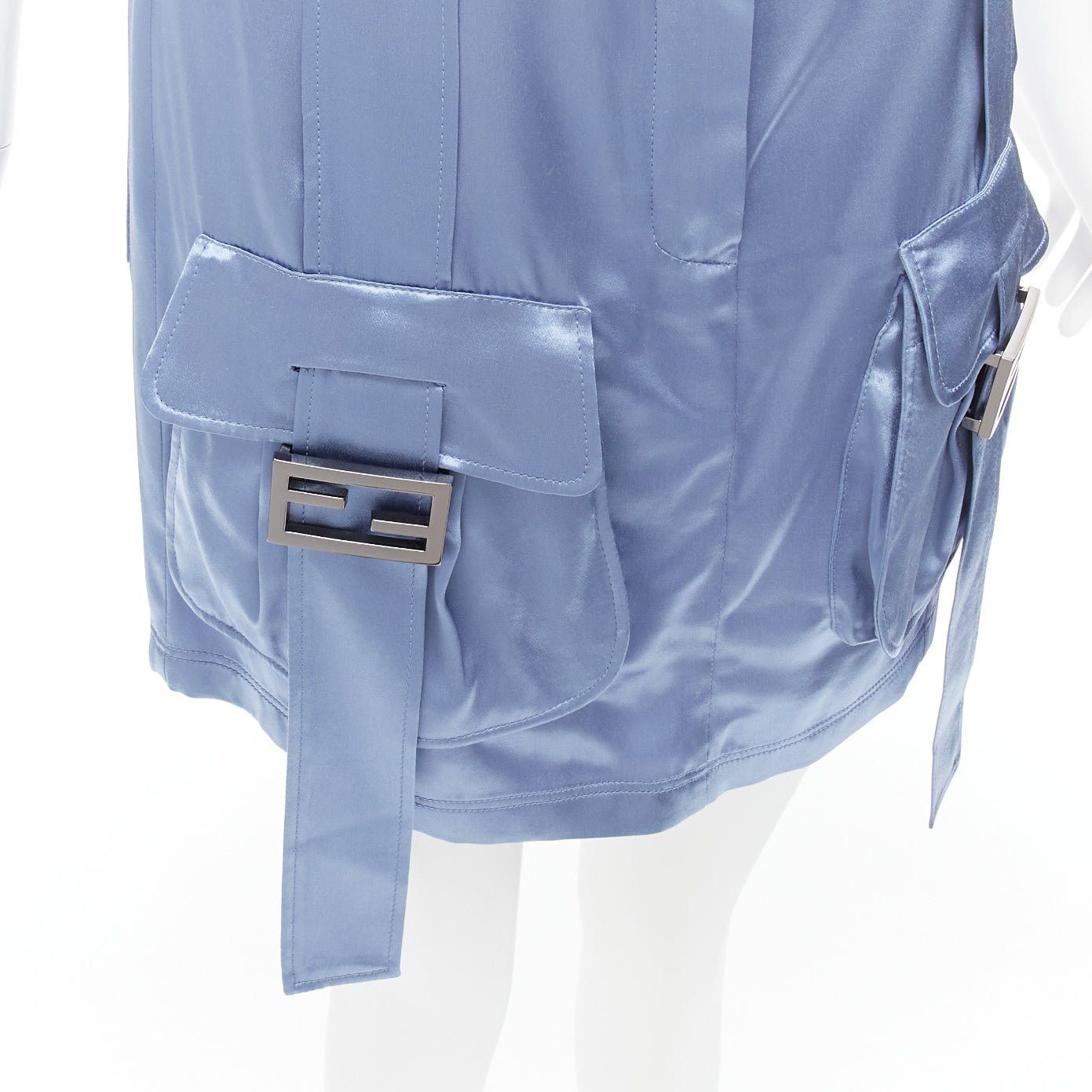 Fendi FENDI 2023 Runway Baguette blue satin FF buckle cargo pocket skirt IT38 XS Size 26" / US 2 / IT 38 - 2 Thumbnail