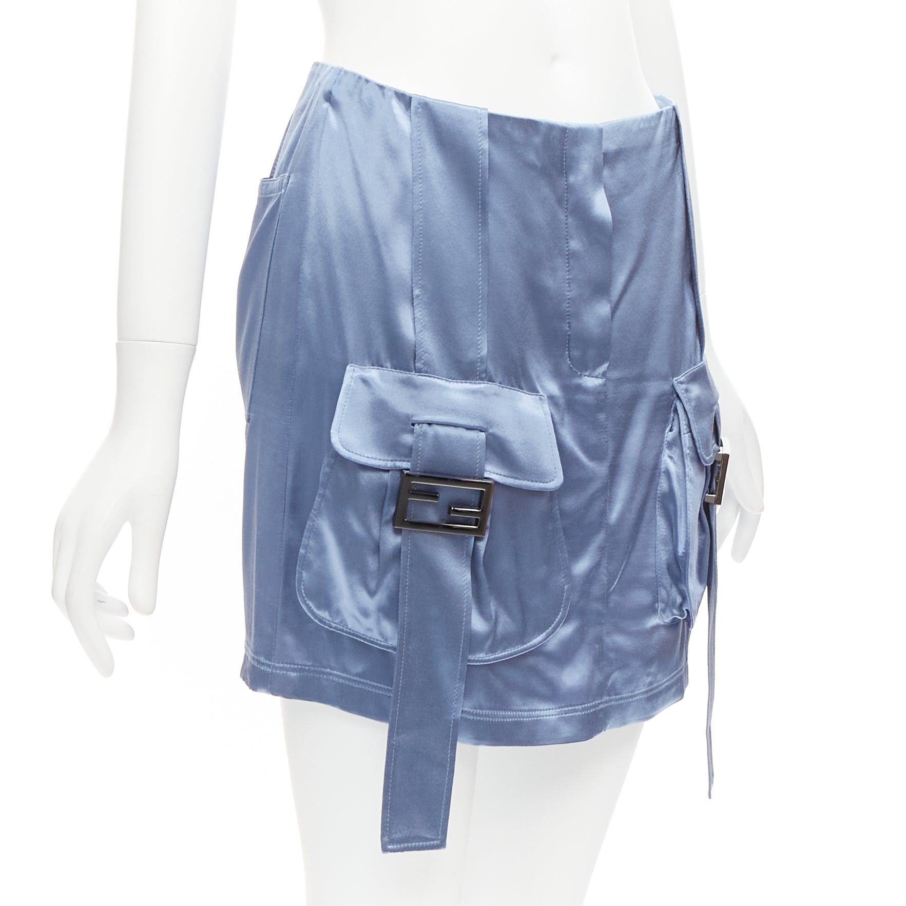 Fendi FENDI 2023 Runway Baguette blue satin FF buckle cargo pocket skirt IT38 XS Size 26" / US 2 / IT 38 - 3 Thumbnail
