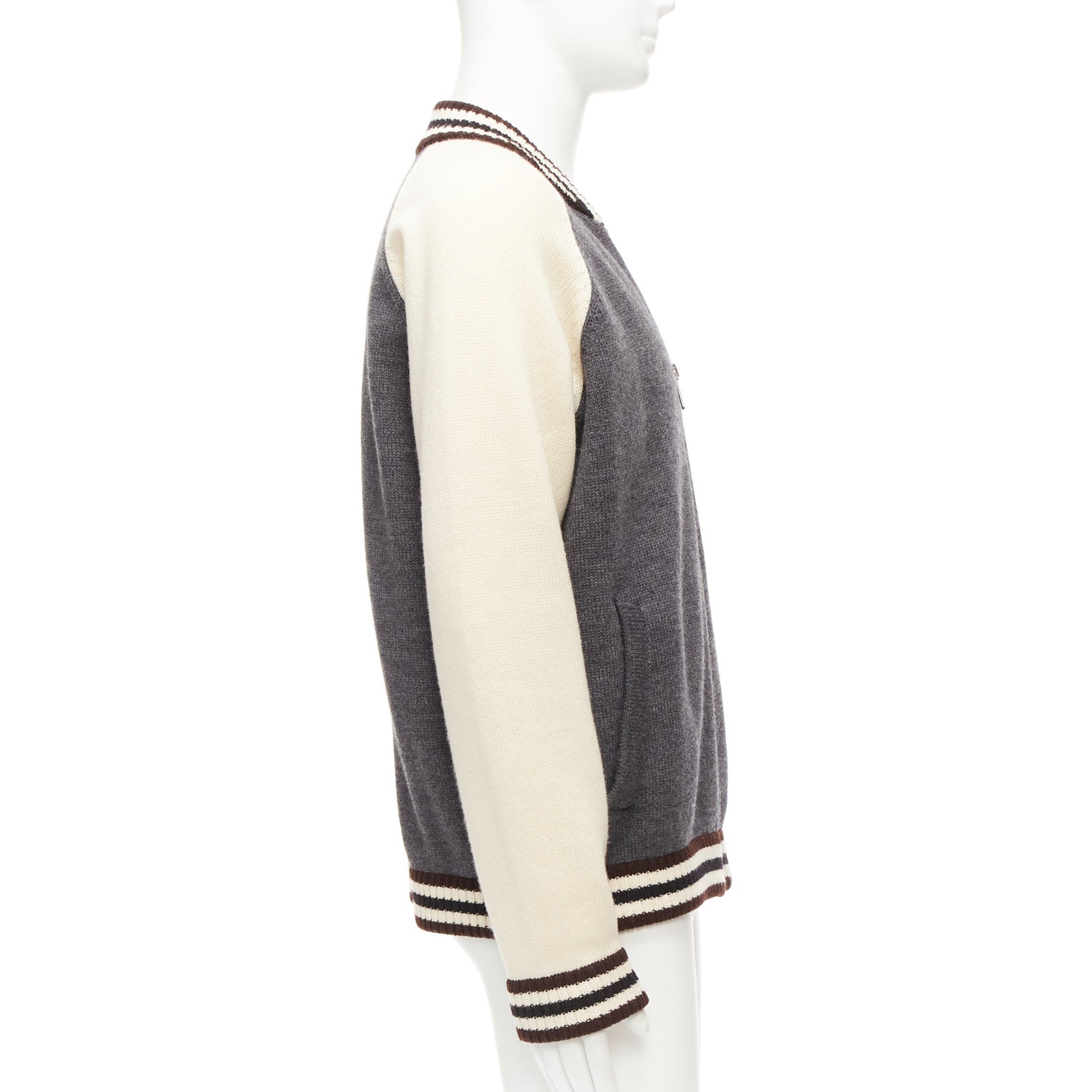 Prada PRADA 2014 100% wool knit cream grey raglan varsity bomber jacket IT50 L Size US L / EU 52-54 / 3 - 5 Thumbnail