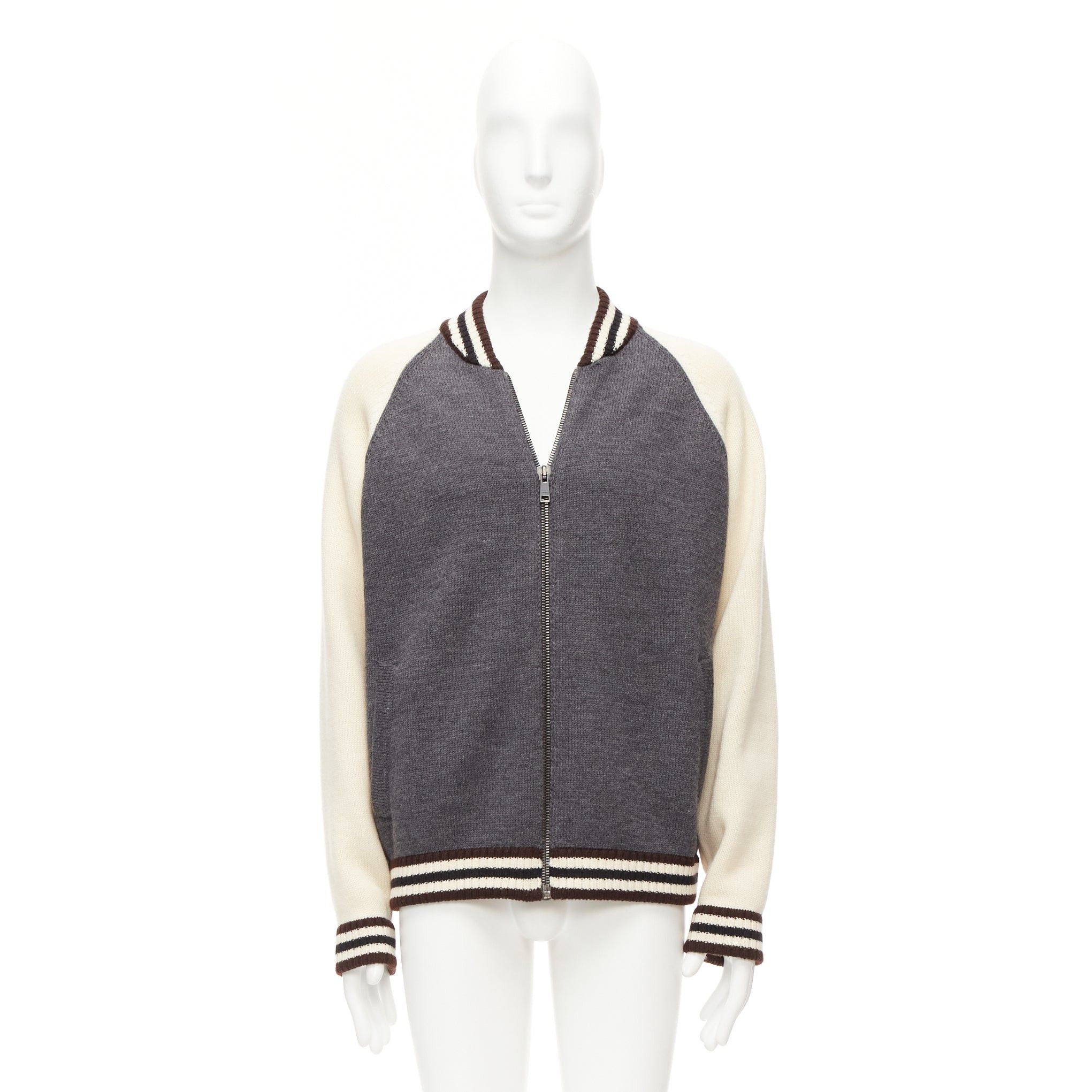 Prada PRADA 2014 100% wool knit cream grey raglan varsity bomber jacket IT50 L Size US L / EU 52-54 / 3 - 10 Thumbnail