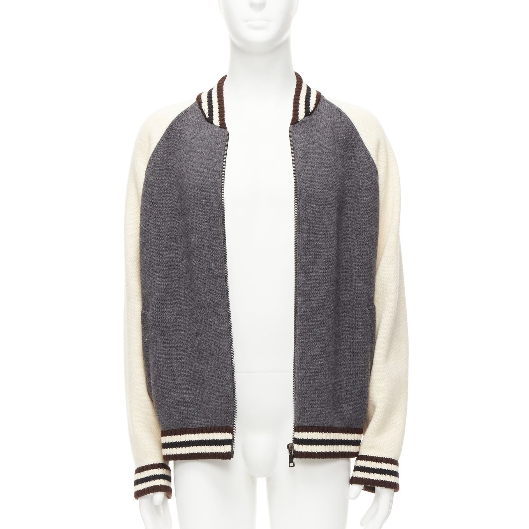 Prada PRADA 2014 100% wool knit cream grey raglan varsity bomber jacket IT50 L Size US L / EU 52-54 / 3 - 3 Thumbnail