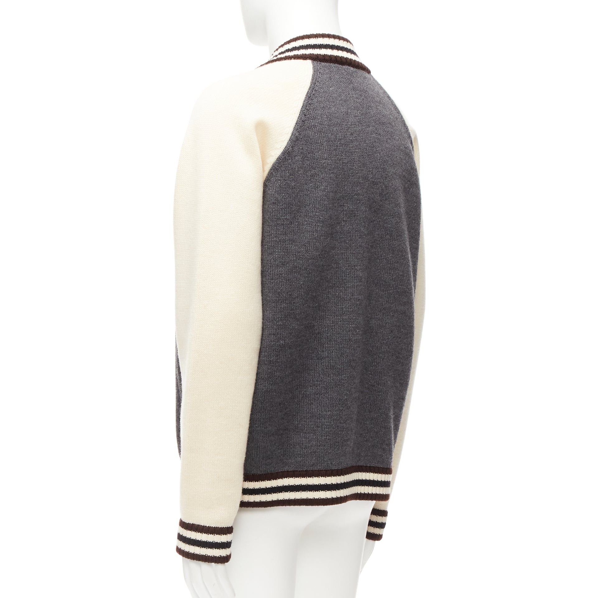 Prada PRADA 2014 100% wool knit cream grey raglan varsity bomber jacket IT50 L Size US L / EU 52-54 / 3 - 7 Thumbnail