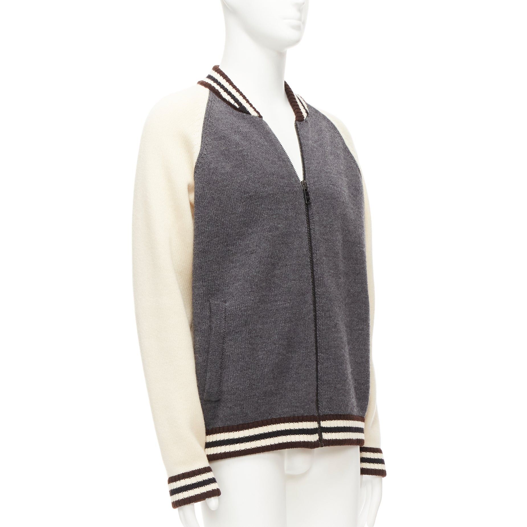 Prada PRADA 2014 100% wool knit cream grey raglan varsity bomber jacket IT50 L Size US L / EU 52-54 / 3 - 4 Thumbnail