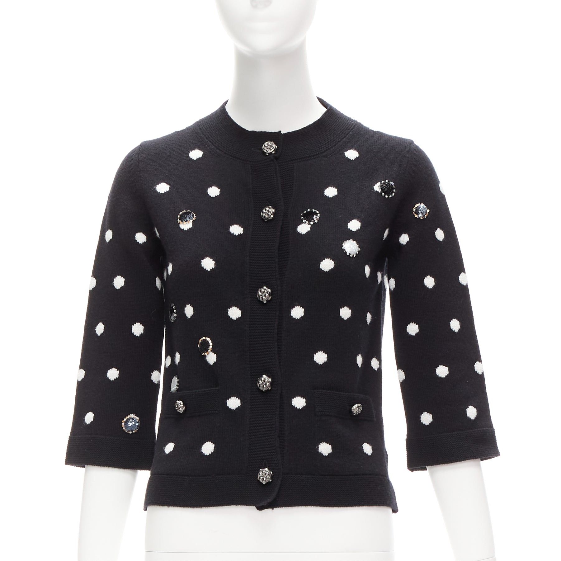 Chanel CHANEL 08A 100% cashmere silver embellished black polka dot cardigan FR34 XS Size XS / US 0-2 / IT 36-38 - 3 Thumbnail
