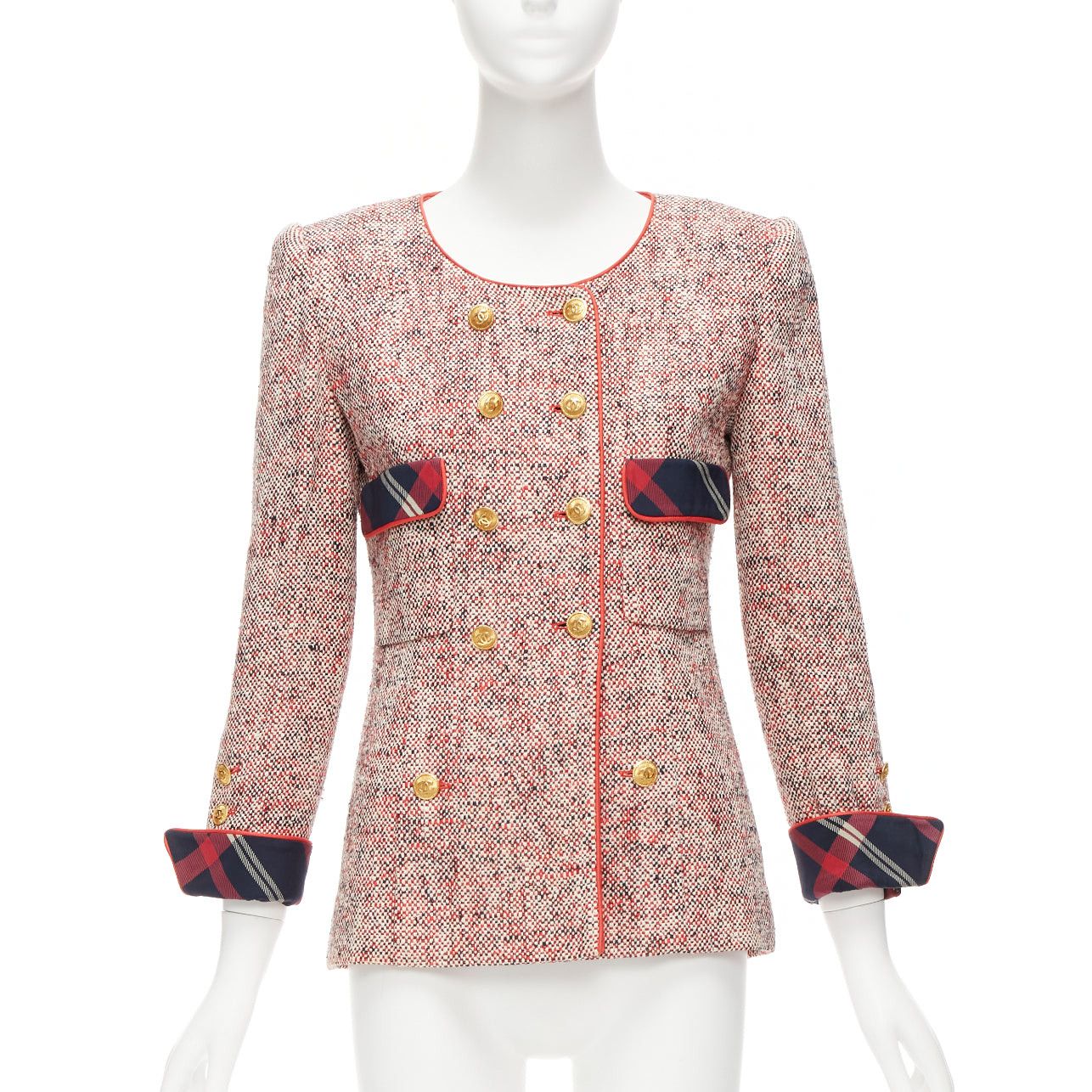 Chanel CHANEL Vintage red boucle tweed gold button double breasted blazer jacket FR34 XS Size XS / US 0-2 / IT 36-38 - 3 Thumbnail