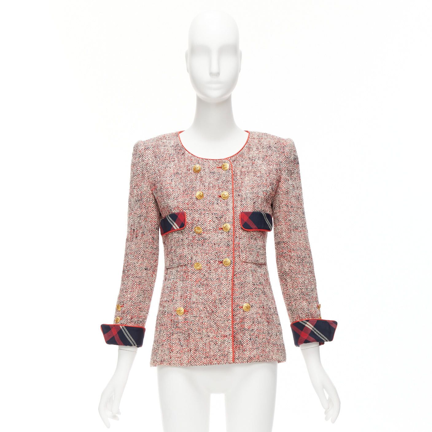 Chanel CHANEL Vintage red boucle tweed gold button double breasted blazer jacket FR34 XS Size XS / US 0-2 / IT 36-38 - 10 Thumbnail