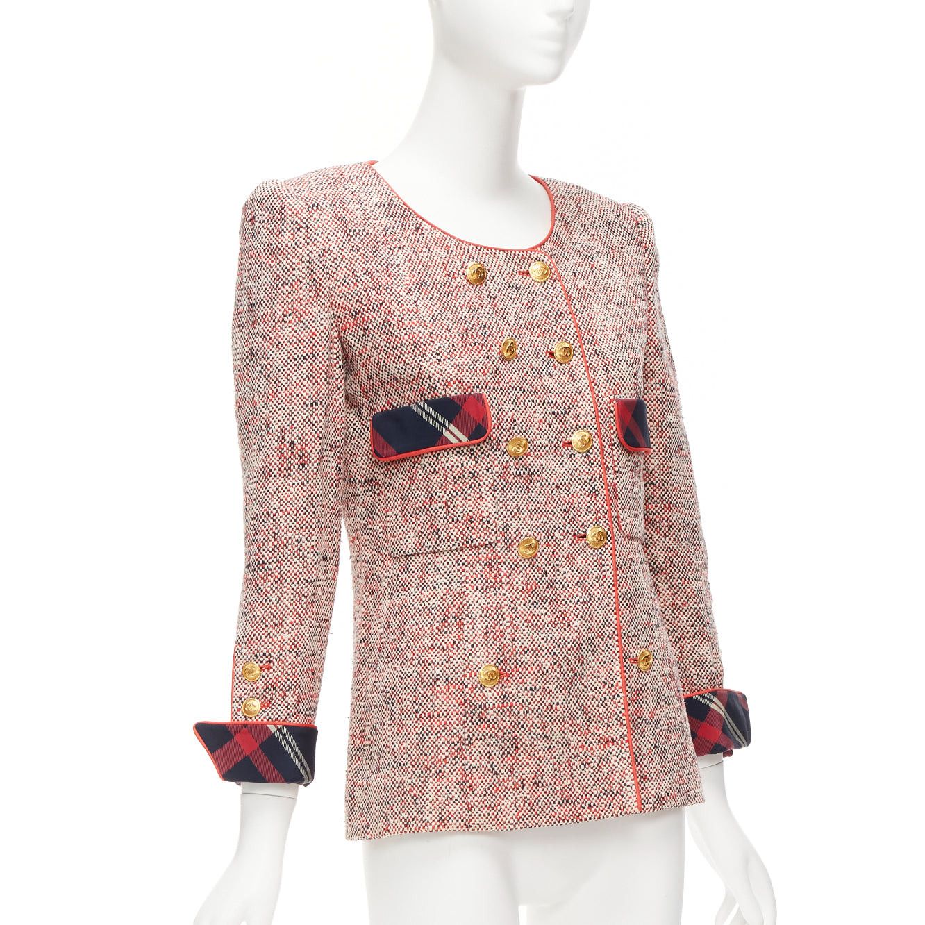 Chanel CHANEL Vintage red boucle tweed gold button double breasted blazer jacket FR34 XS Size XS / US 0-2 / IT 36-38 - 4 Thumbnail
