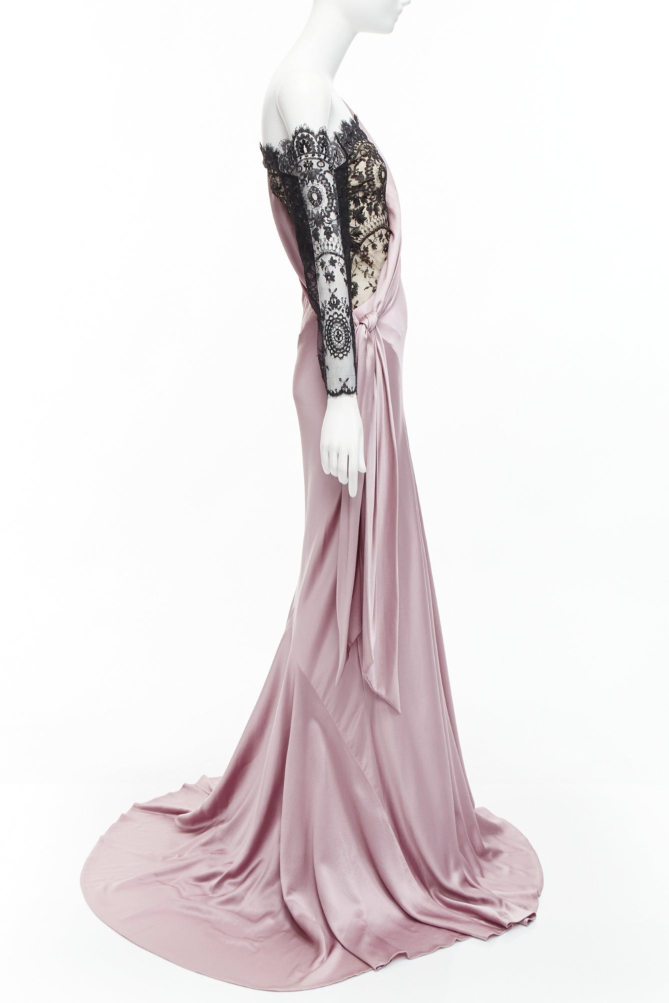 ALEXANDER MCQUEEN 2006 lilac black lace one shoulder bias gown dress IT40 S