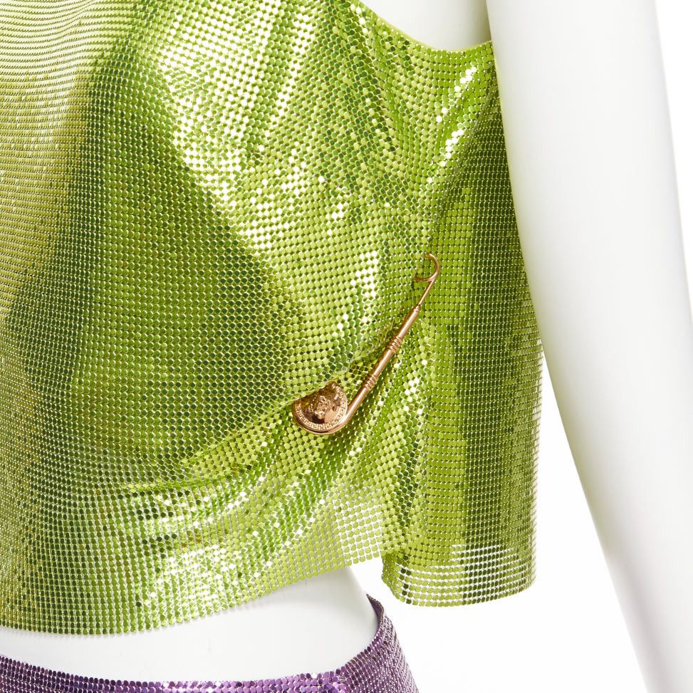 Versace rare VERSACE 2022 Runway green purple metal mesh chainmail Medusa safety pin top skirt IT38 XS Size XS / US 0-2 / IT 36-38 - 8 Thumbnail