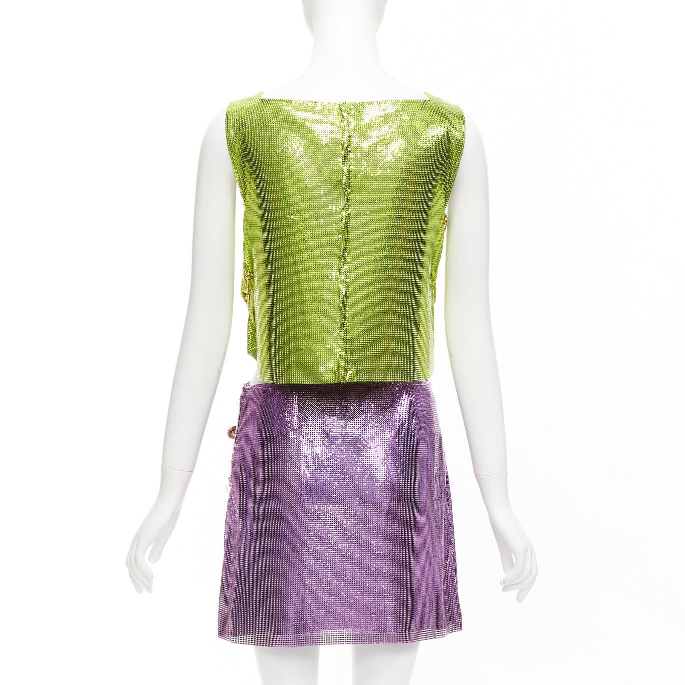 Versace rare VERSACE 2022 Runway green purple metal mesh chainmail Medusa safety pin top skirt IT38 XS Size XS / US 0-2 / IT 36-38 - 5 Thumbnail