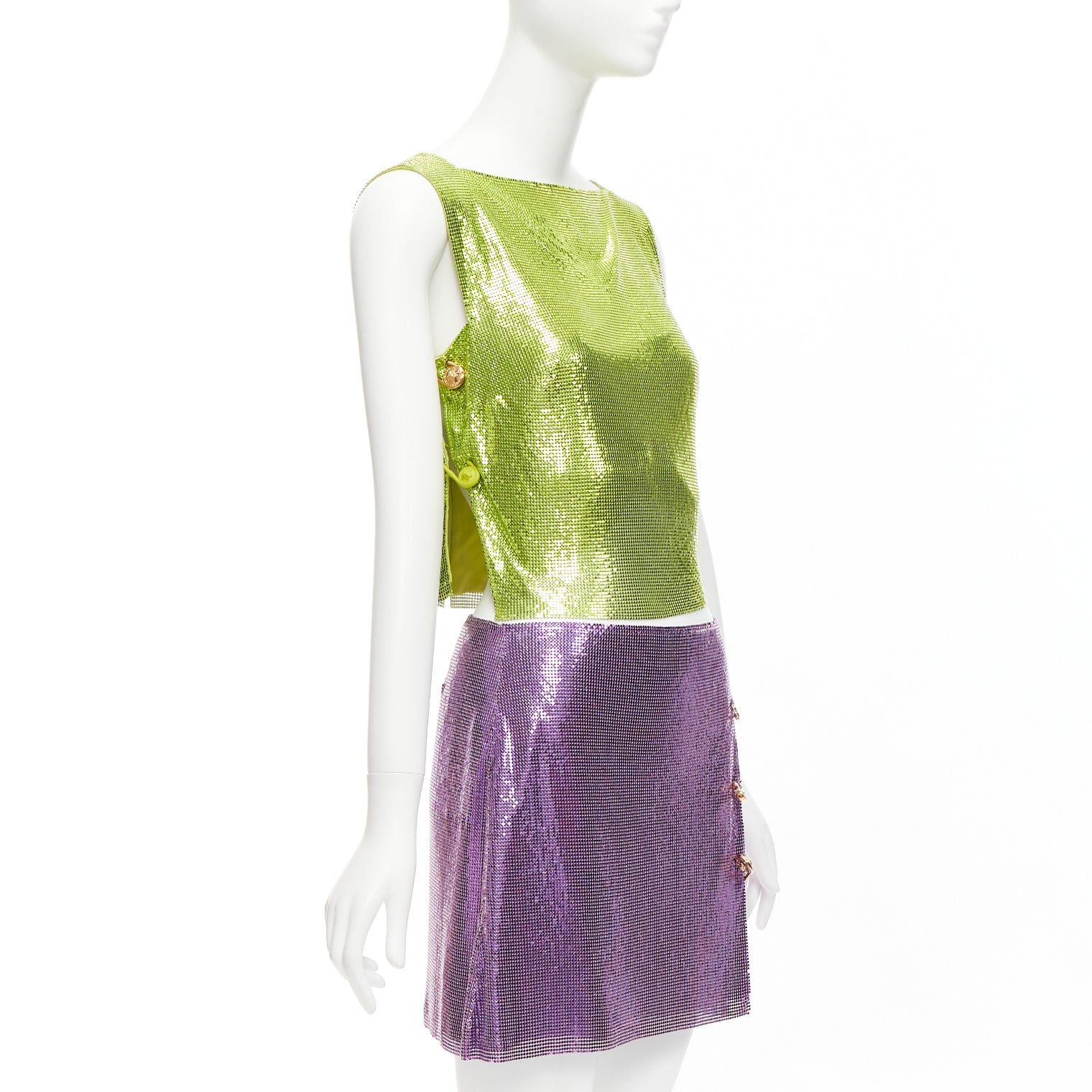 Versace rare VERSACE 2022 Runway green purple metal mesh chainmail Medusa safety pin top skirt IT38 XS Size XS / US 0-2 / IT 36-38 - 3 Thumbnail