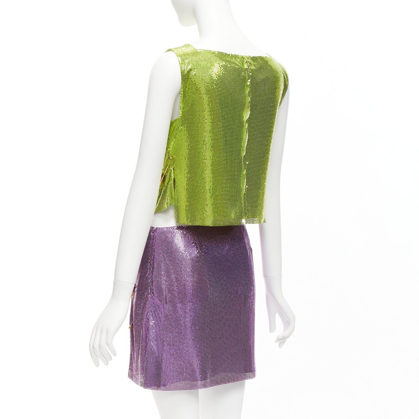 Versace rare VERSACE 2022 Runway green purple metal mesh chainmail Medusa safety pin top skirt IT38 XS Size XS / US 0-2 / IT 36-38 - 6 Thumbnail