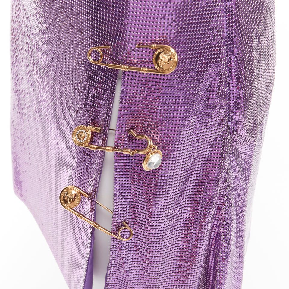 Versace rare VERSACE 2022 Runway green purple metal mesh chainmail Medusa safety pin top skirt IT38 XS Size XS / US 0-2 / IT 36-38 - 2 Thumbnail
