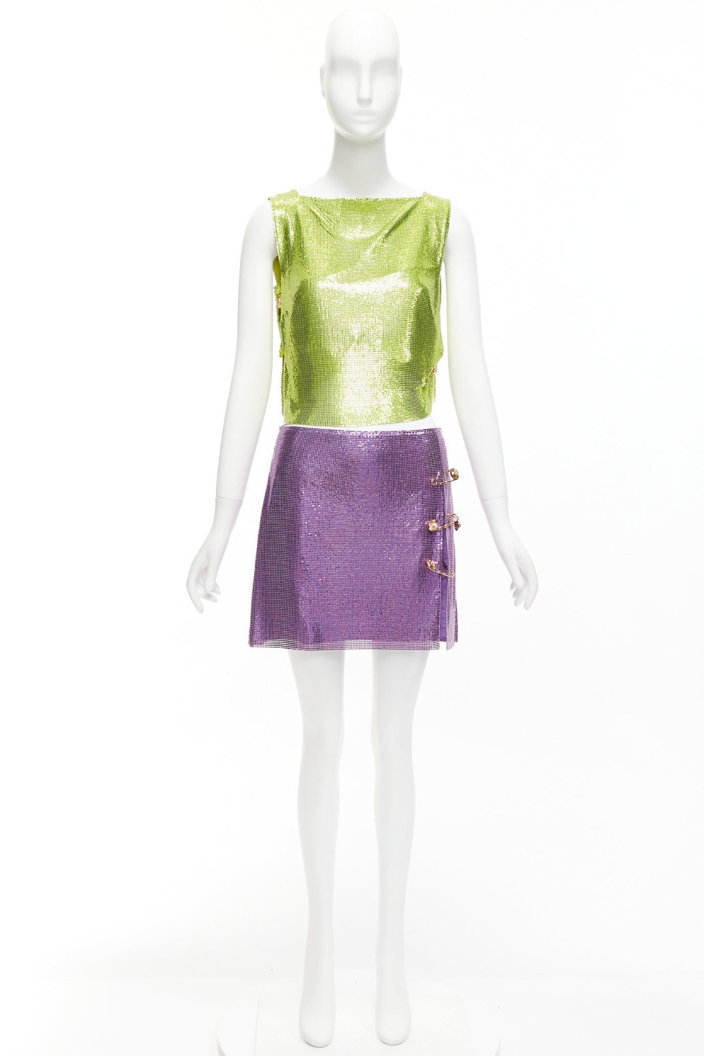 Versace rare VERSACE 2022 Runway green purple metal mesh chainmail Medusa safety pin top skirt IT38 XS Size XS / US 0-2 / IT 36-38 - 12 Thumbnail