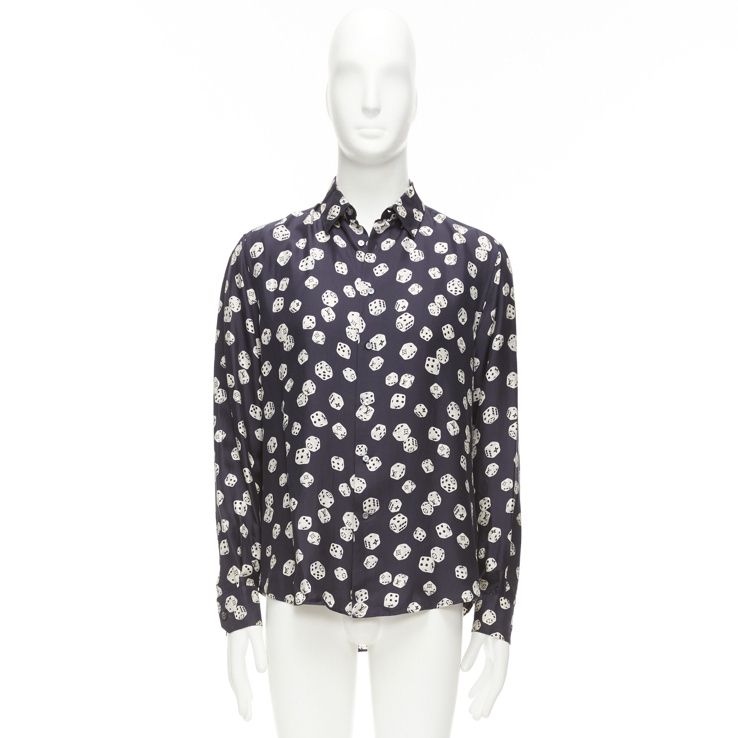Louis Vuitton LOUIS VUITTON navy cream 100% silk LV logo dice print regular fit shirt M Size US M / EU 48-50 / 2 - 9 Thumbnail