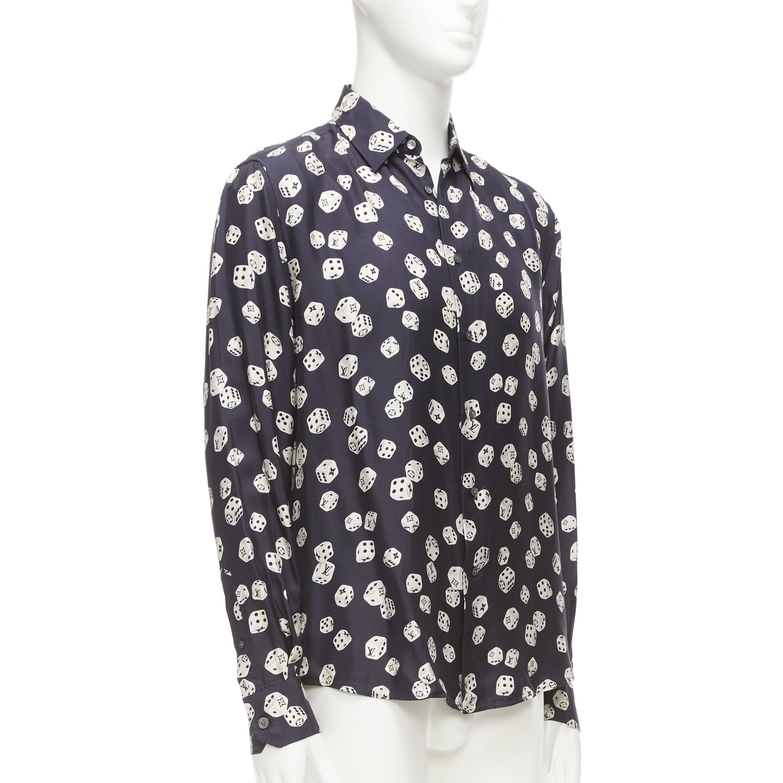 Louis Vuitton LOUIS VUITTON navy cream 100% silk LV logo dice print regular fit shirt M Size US M / EU 48-50 / 2 - 3 Thumbnail