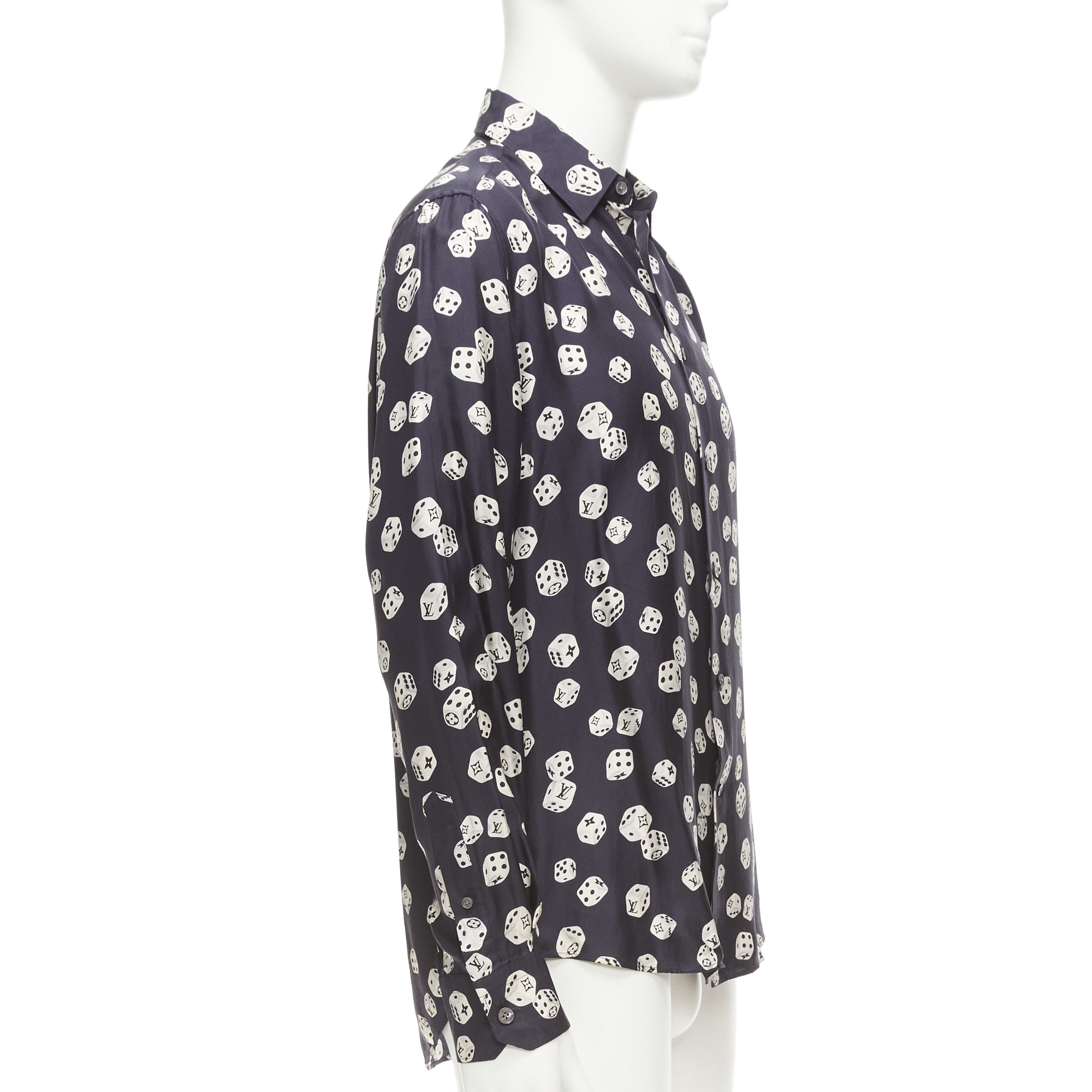 Louis Vuitton LOUIS VUITTON navy cream 100% silk LV logo dice print regular fit shirt M Size US M / EU 48-50 / 2 - 4 Thumbnail