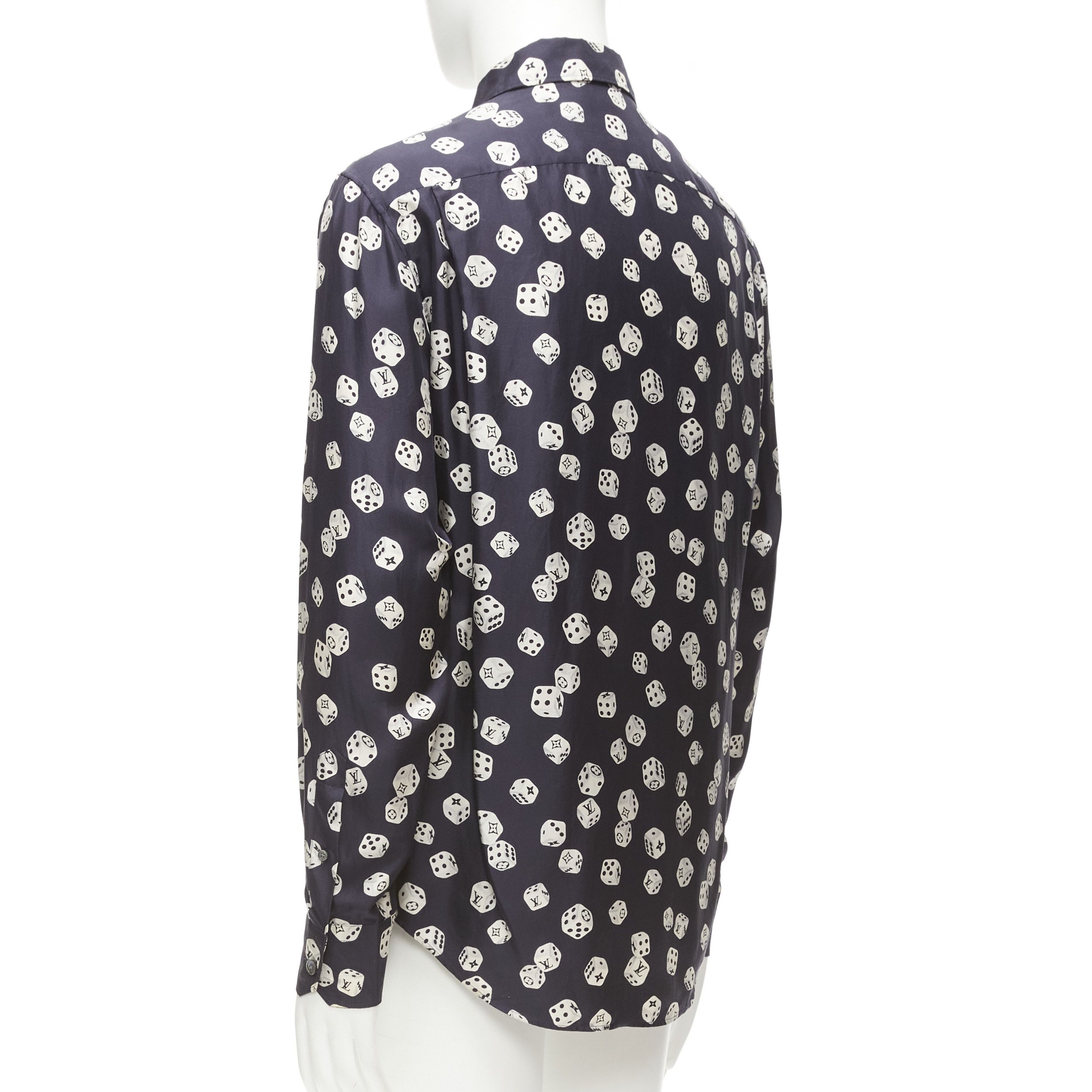 Louis Vuitton LOUIS VUITTON navy cream 100% silk LV logo dice print regular fit shirt M Size US M / EU 48-50 / 2 - 6 Thumbnail