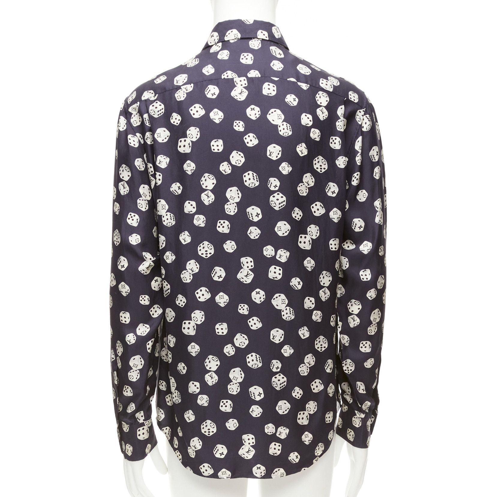 Louis Vuitton LOUIS VUITTON navy cream 100% silk LV logo dice print regular fit shirt M Size US M / EU 48-50 / 2 - 5 Thumbnail