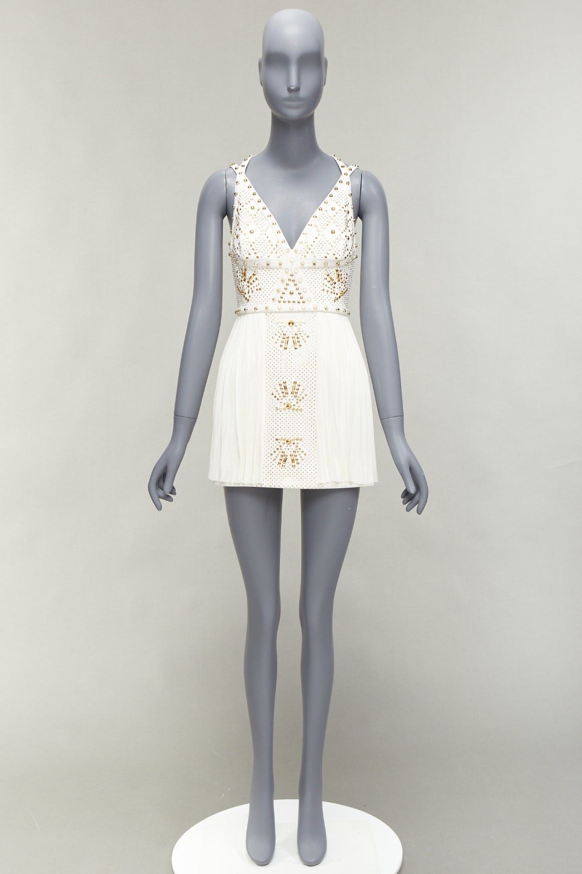 Versace VERSACE 2011 Runway white studded leather silk skirt mini dress IT38 XS Size XS / US 0-2 / IT 36-38 - 11 Thumbnail