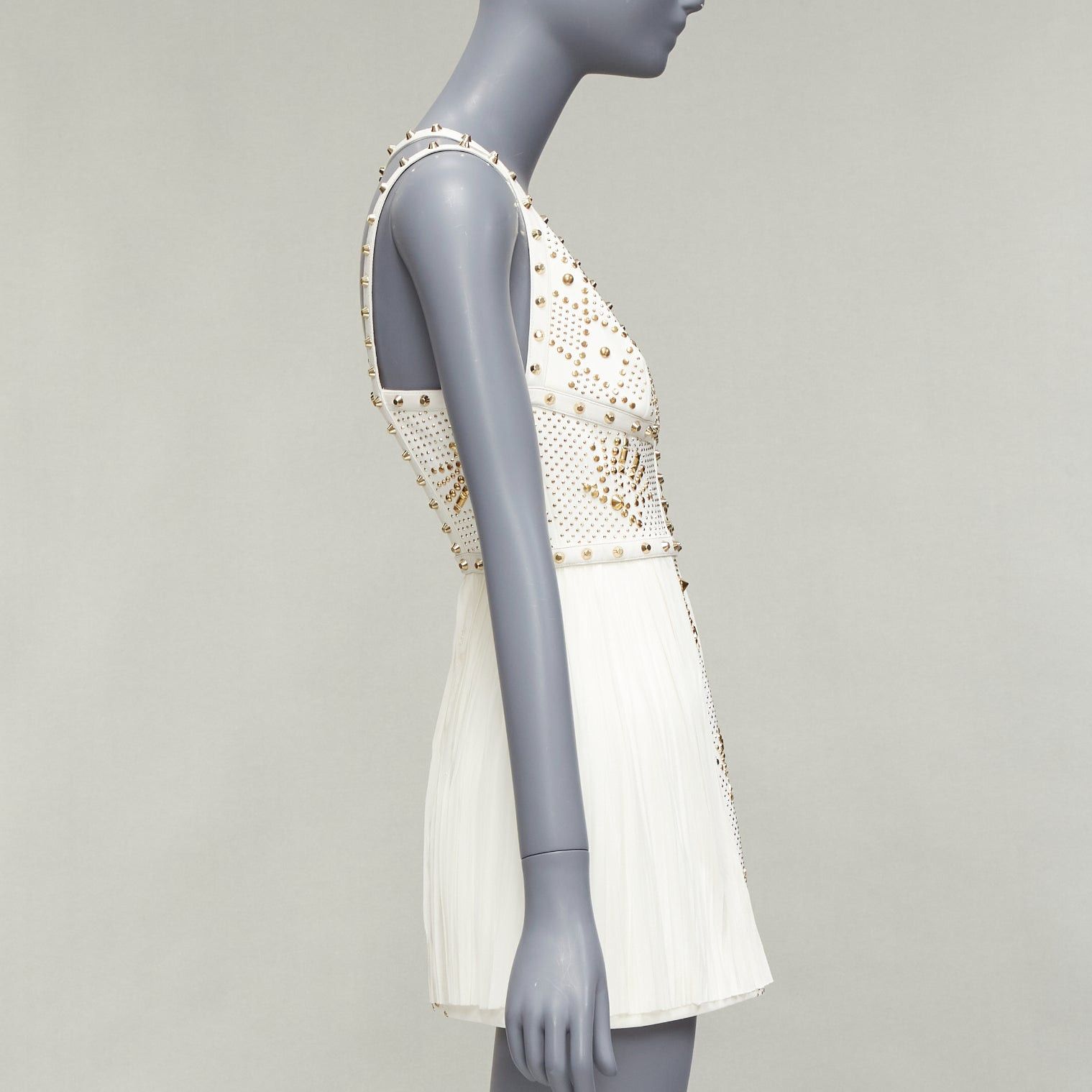 Versace VERSACE 2011 Runway white studded leather silk skirt mini dress IT38 XS Size XS / US 0-2 / IT 36-38 - 4 Thumbnail