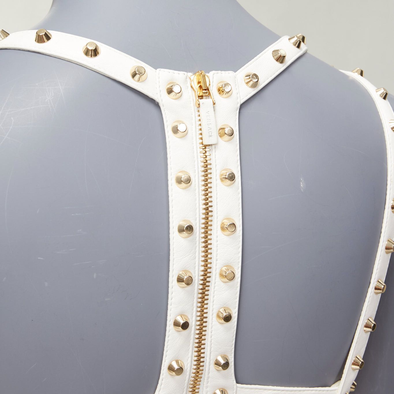 Versace VERSACE 2011 Runway white studded leather silk skirt mini dress IT38 XS Size XS / US 0-2 / IT 36-38 - 8 Thumbnail