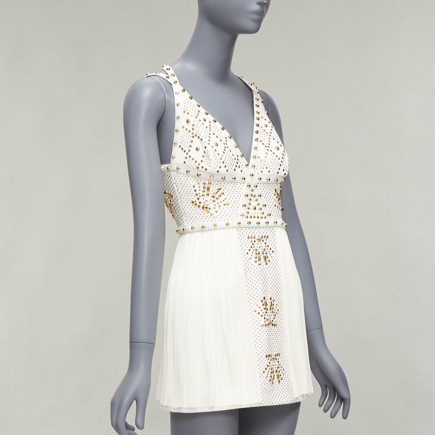 Versace VERSACE 2011 Runway white studded leather silk skirt mini dress IT38 XS Size XS / US 0-2 / IT 36-38 - 3 Thumbnail