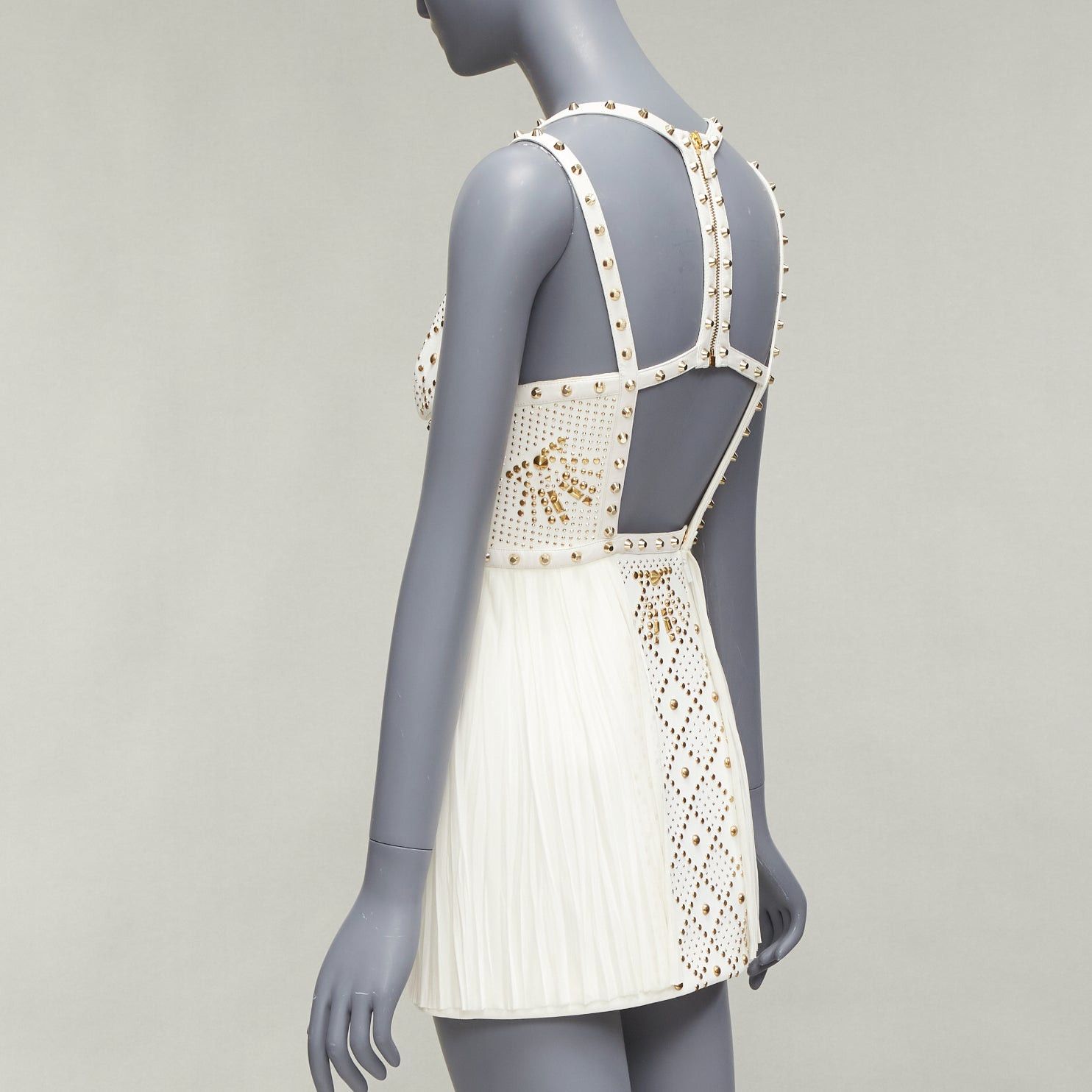 Versace VERSACE 2011 Runway white studded leather silk skirt mini dress IT38 XS Size XS / US 0-2 / IT 36-38 - 6 Thumbnail