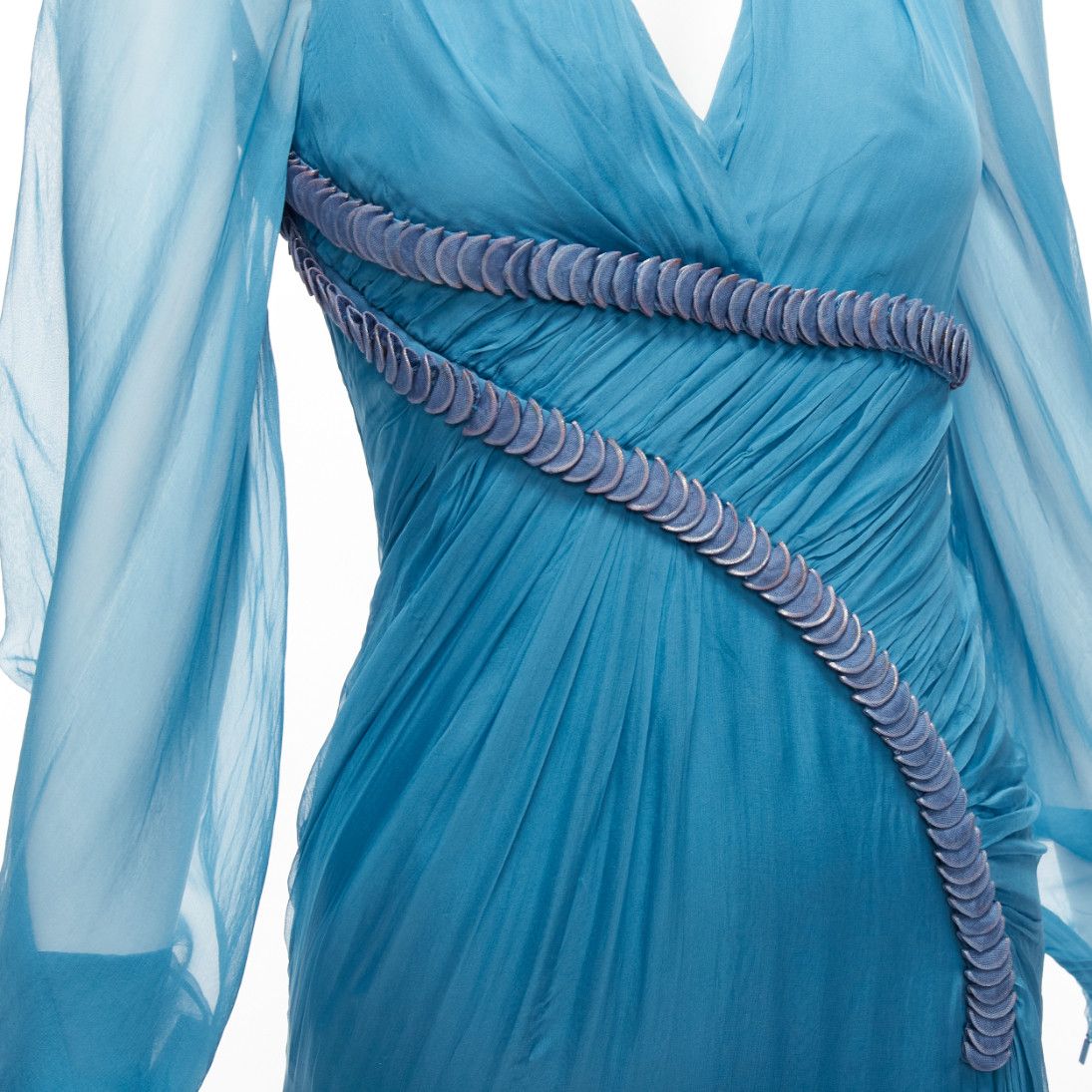 Versace rare VERSACE Runway blue silk pailette embellished sheer sleeves draped evening gown Size S / US 4 / IT 40 - 8 Thumbnail
